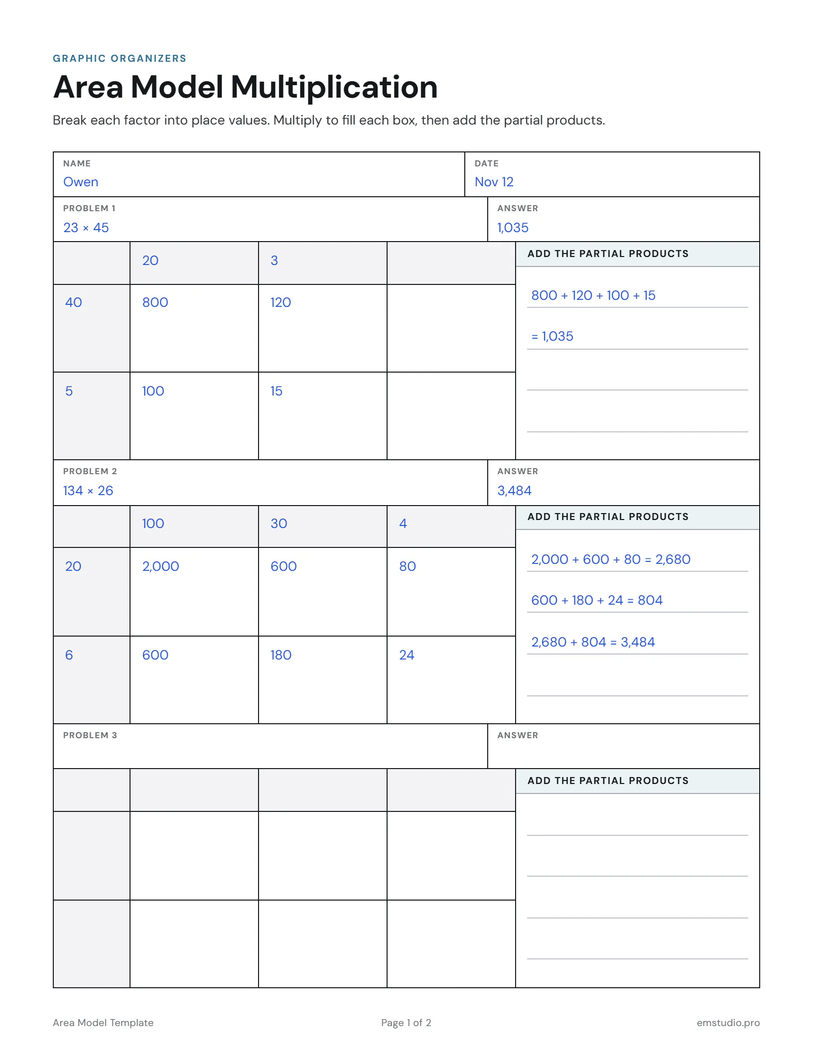 Area model multiplication page with 23 times 45 and 134 times 26 worked out: each factor broken into place values, a partial product in every box, and the partial products added to the answer.