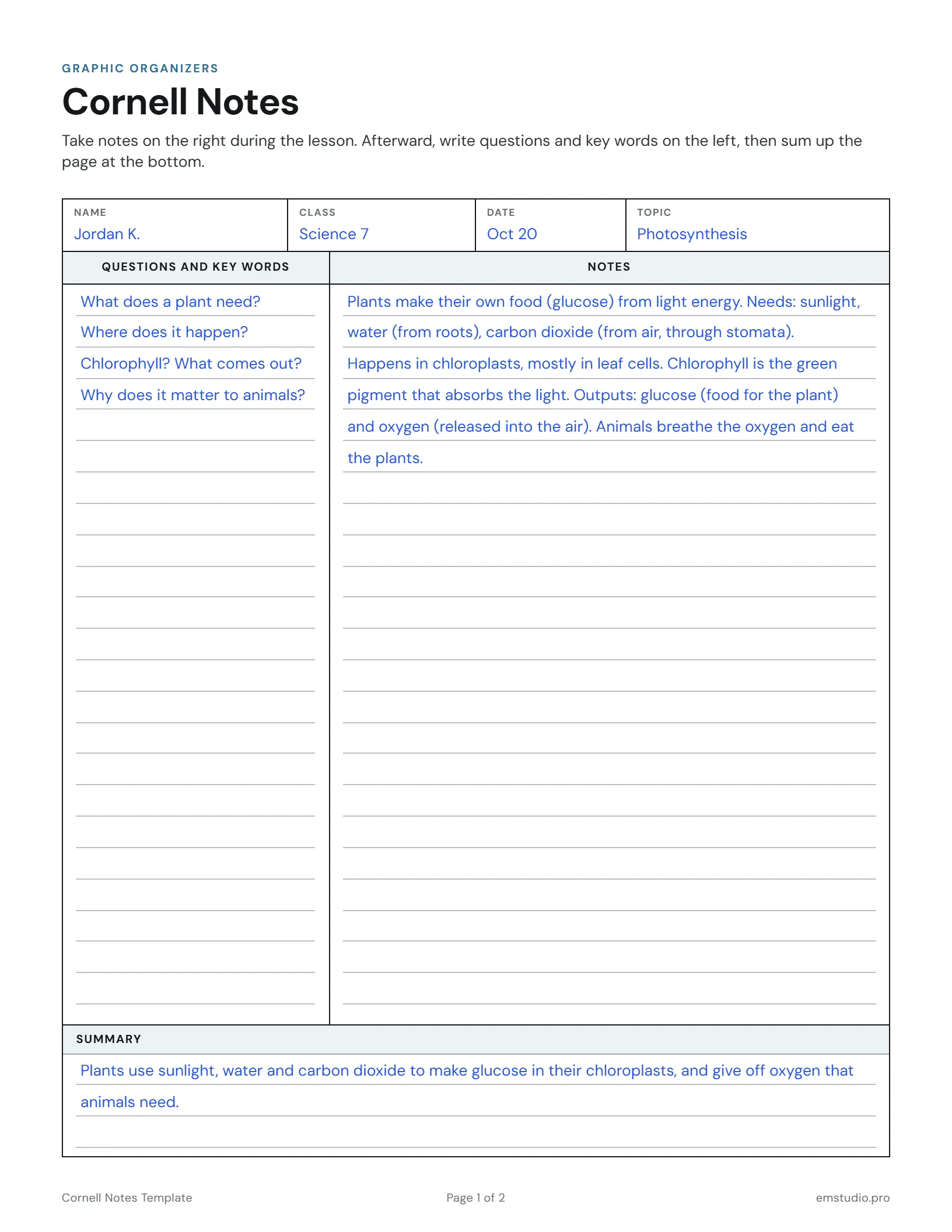 Cornell notes on photosynthesis by a 7th grader, with questions and key words on the left, notes on the right and a two-line summary at the bottom.
