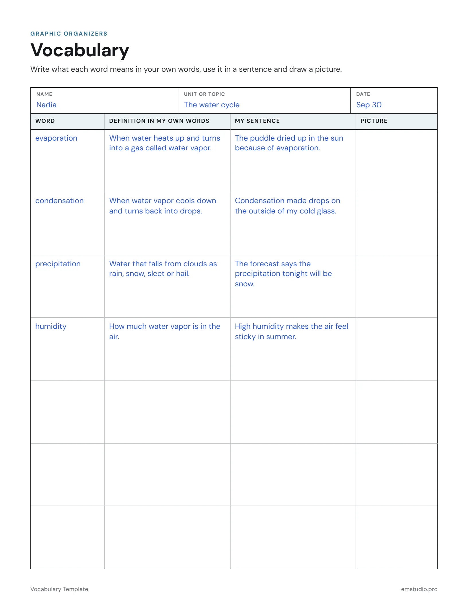 Vocabulary sheet for a 5th grade water cycle unit: evaporation, condensation, precipitation and humidity, each with a definition in the student's own words and a sentence.