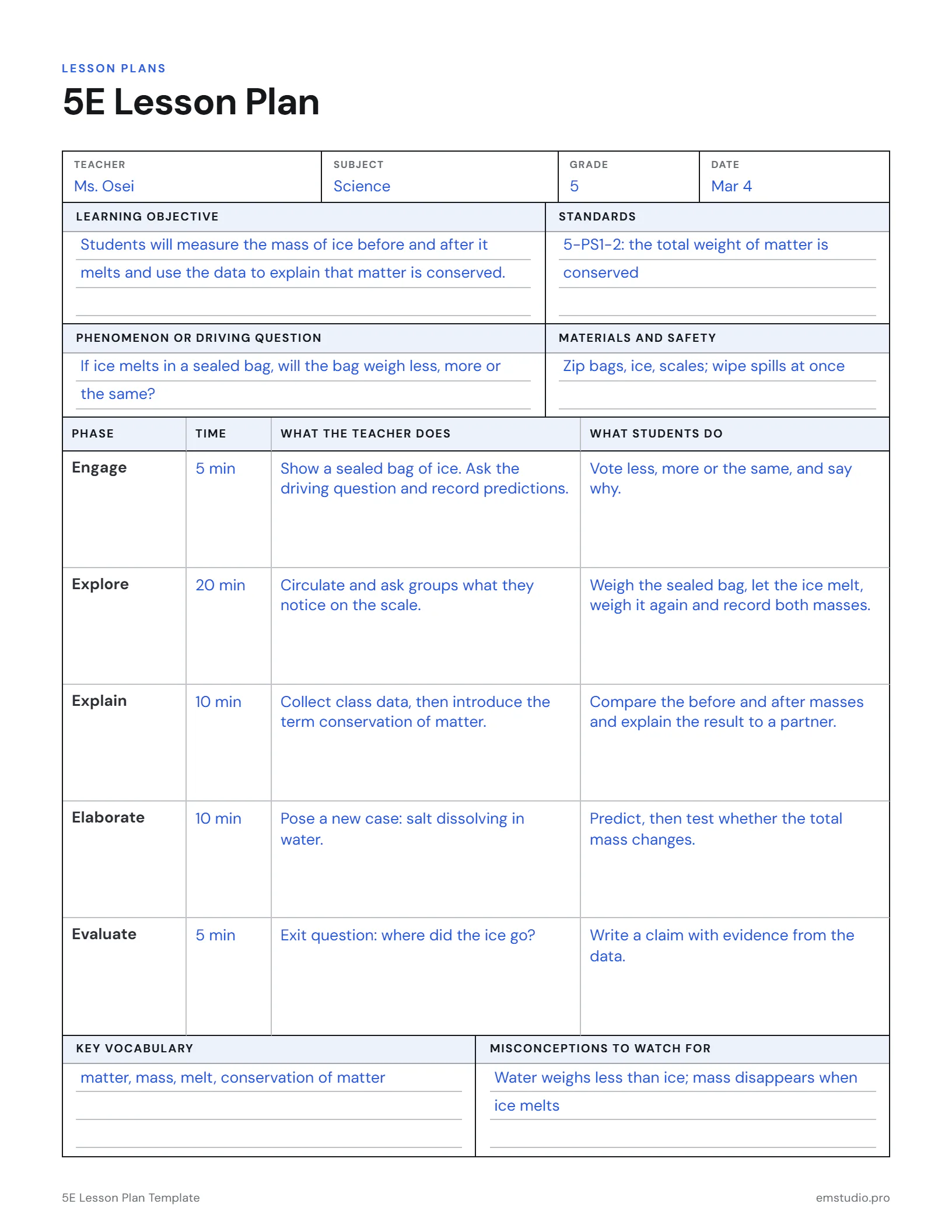 5E lesson plan for a 5th grade science lesson on conservation of matter: the objective, standard and driving question, then what the teacher and students do in each phase from Engage to Evaluate, with vocabulary and misconceptions.