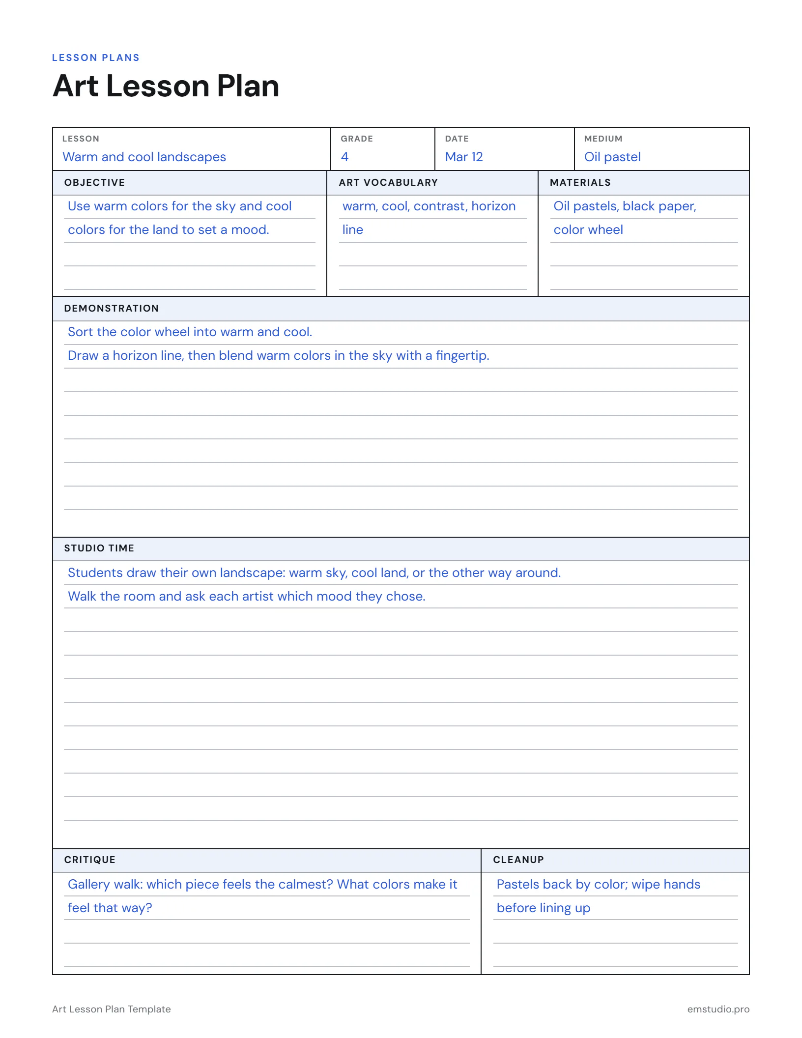 Art lesson plan for a 4th grade lesson on warm and cool colors: the objective, art vocabulary, materials, demonstration, studio time, critique questions and cleanup.