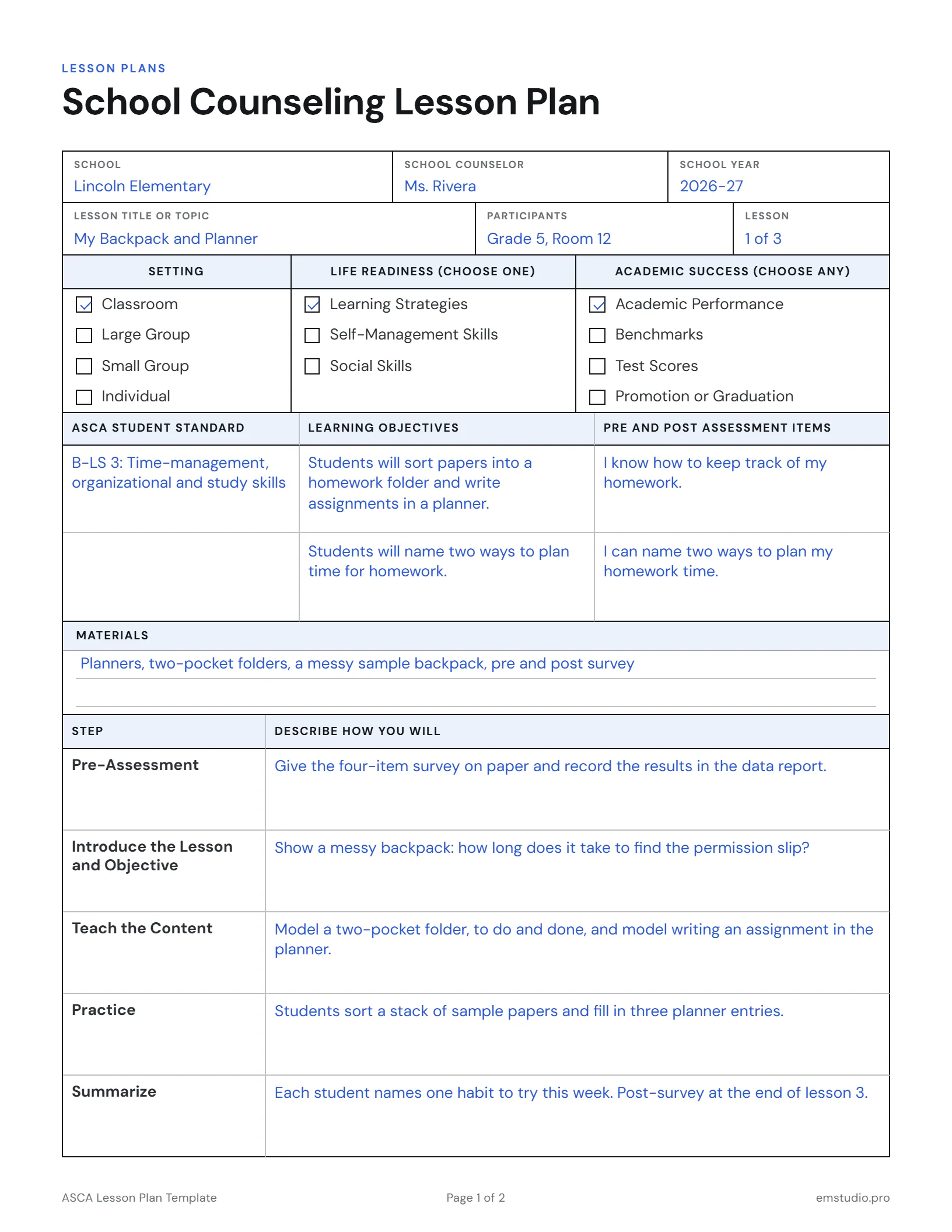 School counseling lesson plan for a 5th grade classroom lesson on organization: the setting and reason checked, the ASCA Student Standard B-LS 3 with its objectives and pre and post items, materials, and the steps from pre-assessment to summary.