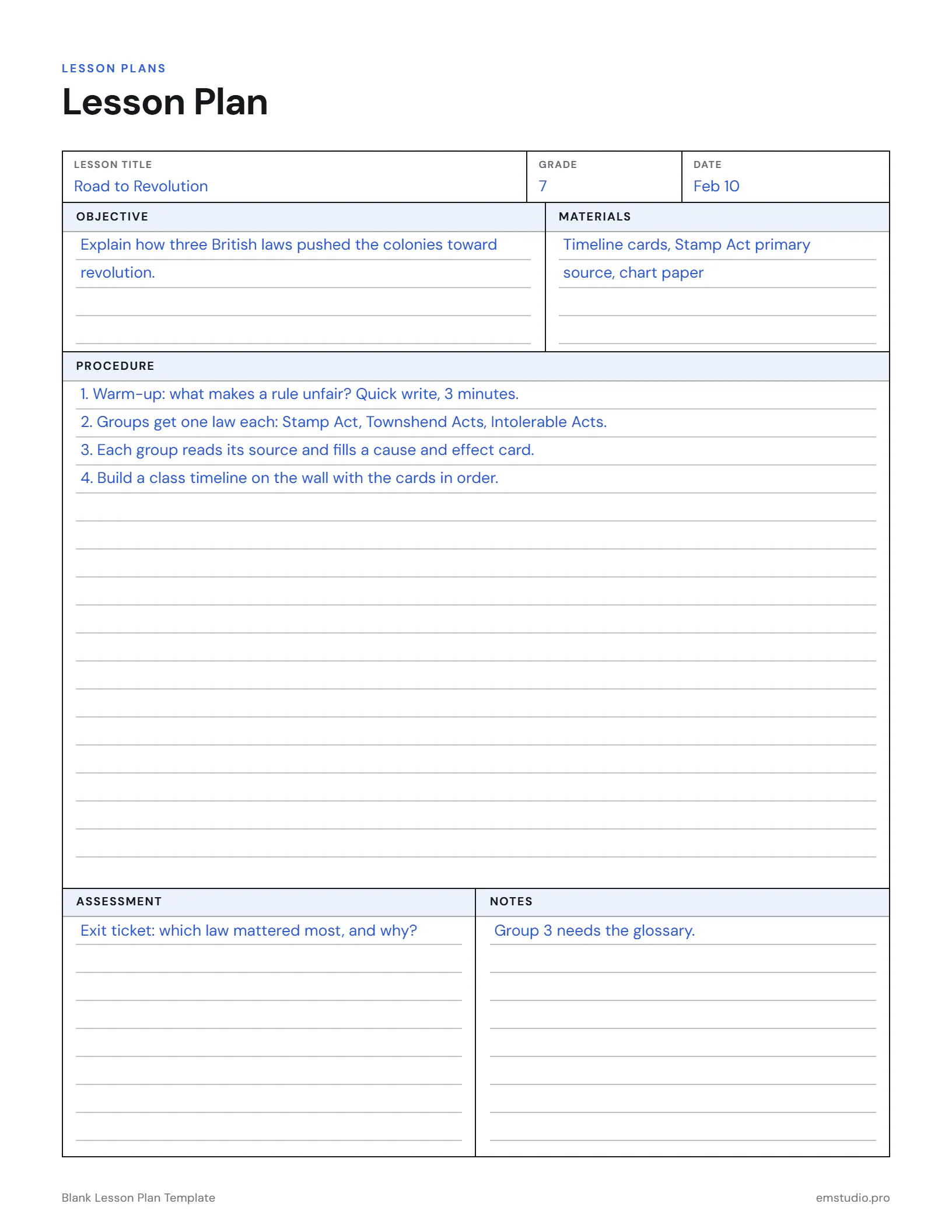 Blank lesson plan filled in for a 7th grade history lesson on the causes of the American Revolution, with the objective, materials, procedure, assessment and notes.