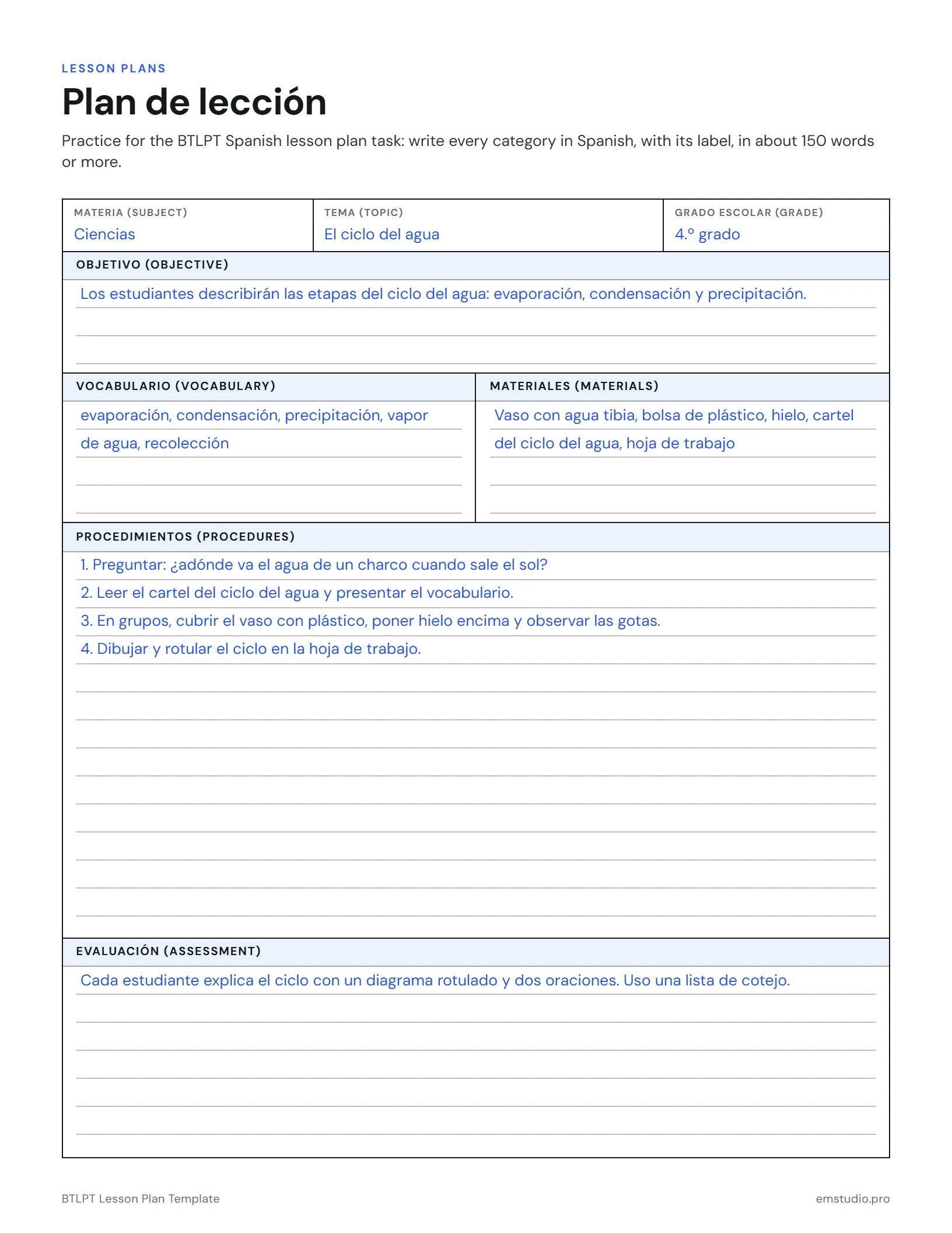 BTLPT Spanish lesson plan practice sheet filled in for a 4th grade science lesson on the water cycle: subject, topic, grade and objective, then vocabulary, materials, numbered procedures and assessment, all written in Spanish.