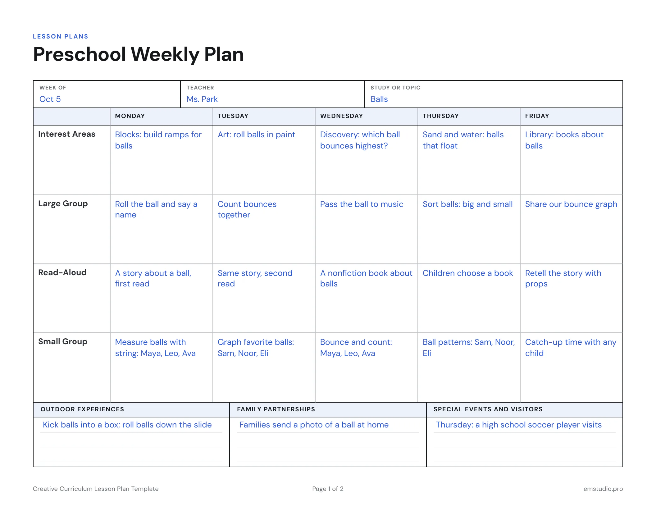 Preschool weekly plan for a study of balls: interest areas, large group, read-aloud and small group for each day from Monday to Friday, with outdoor experiences, family partnerships and a special visit.
