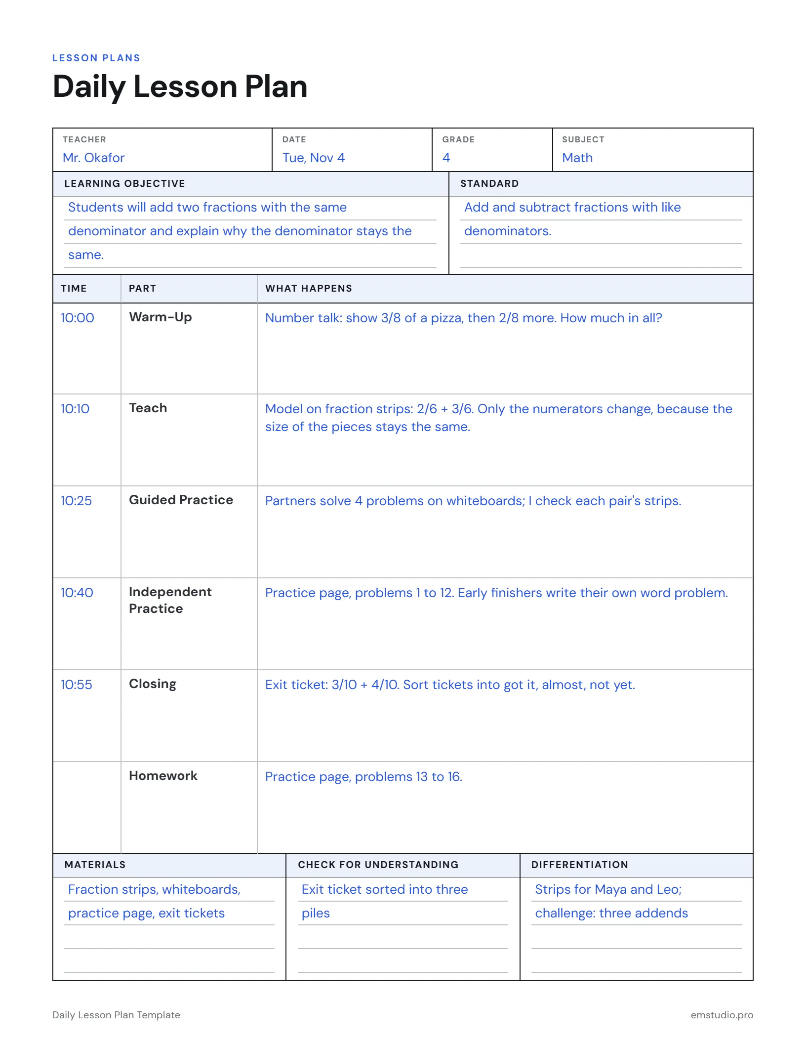 Daily lesson plan for a 4th grade math lesson on adding fractions with like denominators: the objective, standard, a timed lesson sequence from warm-up to exit ticket, materials and differentiation.