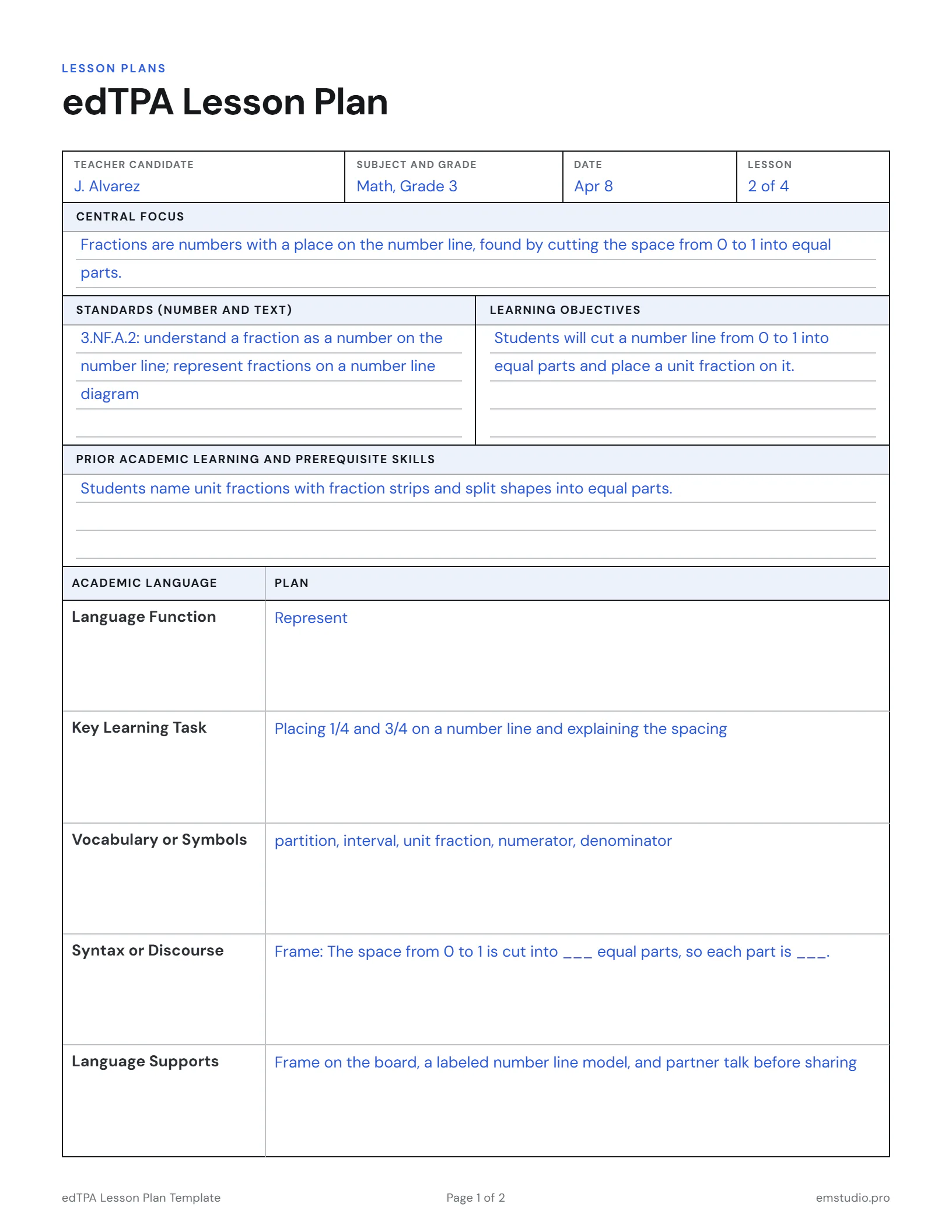 edTPA lesson plan for lesson 2 of a 3rd grade learning segment on fractions on a number line: the central focus, standard, objective, prior learning and the academic language plan.