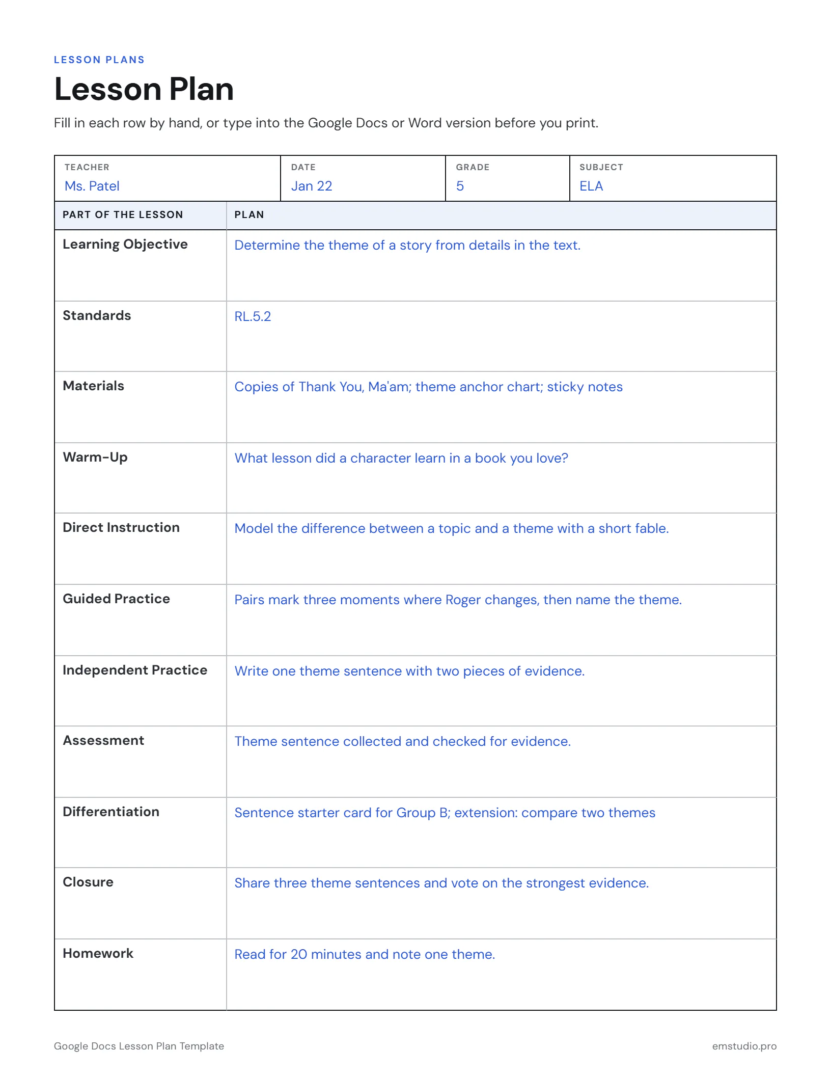 Lesson plan template typed in Google Docs for a 5th grade ELA lesson on theme: one row each for the objective, standards, materials, warm-up, instruction, practice, assessment, differentiation, closure and homework.
