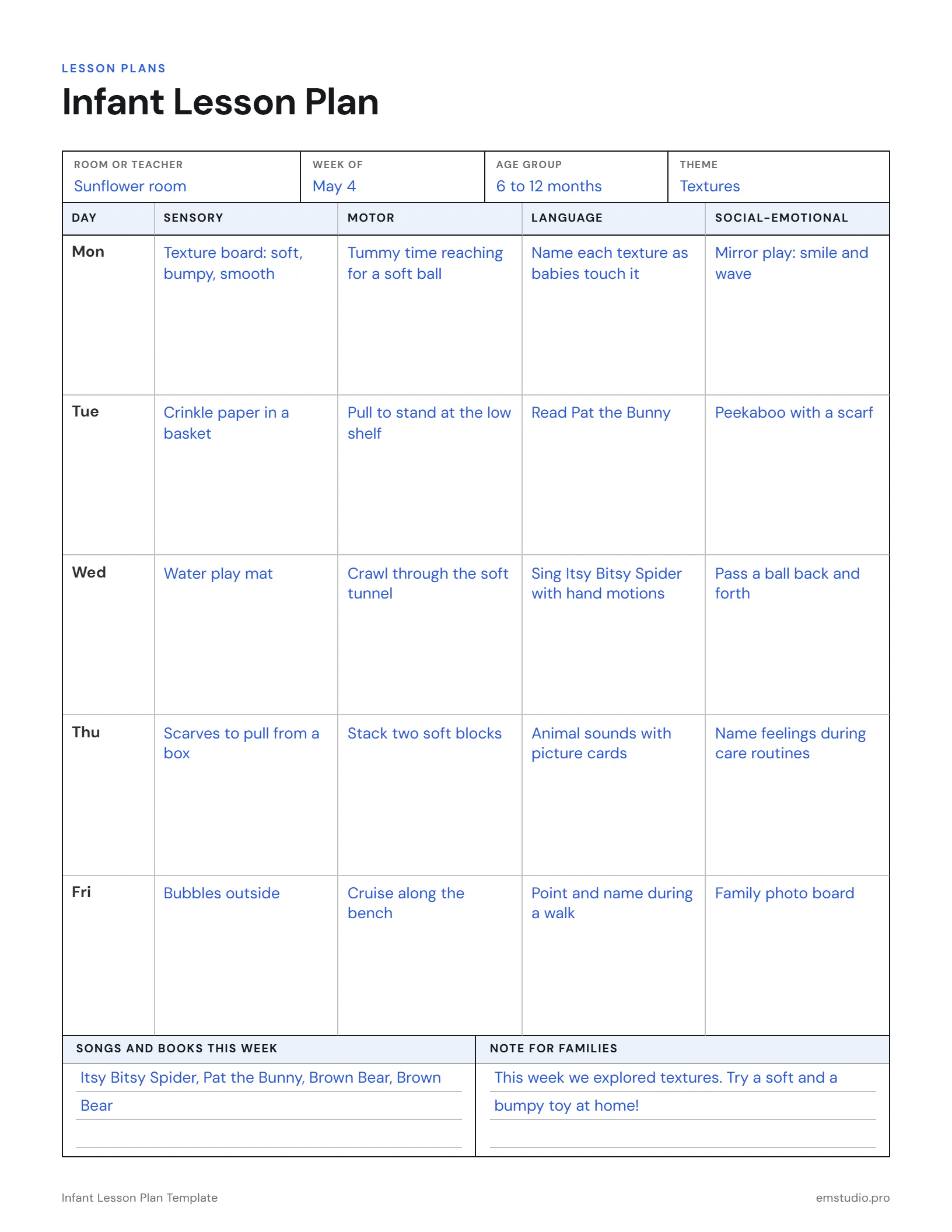 Weekly infant lesson plan for babies 6 to 12 months: sensory, motor, language and social-emotional activities for each day, plus the week's songs and books and a note for families.