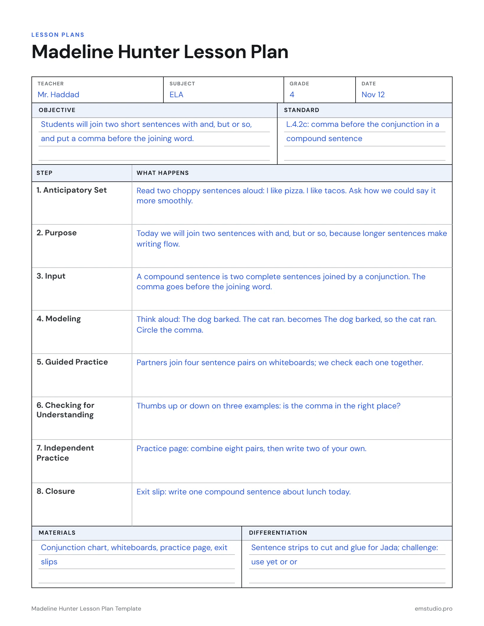 Madeline Hunter lesson plan for a 4th grade lesson on compound sentences: the objective and standard, then all eight steps from the anticipatory set to closure, with materials and differentiation.