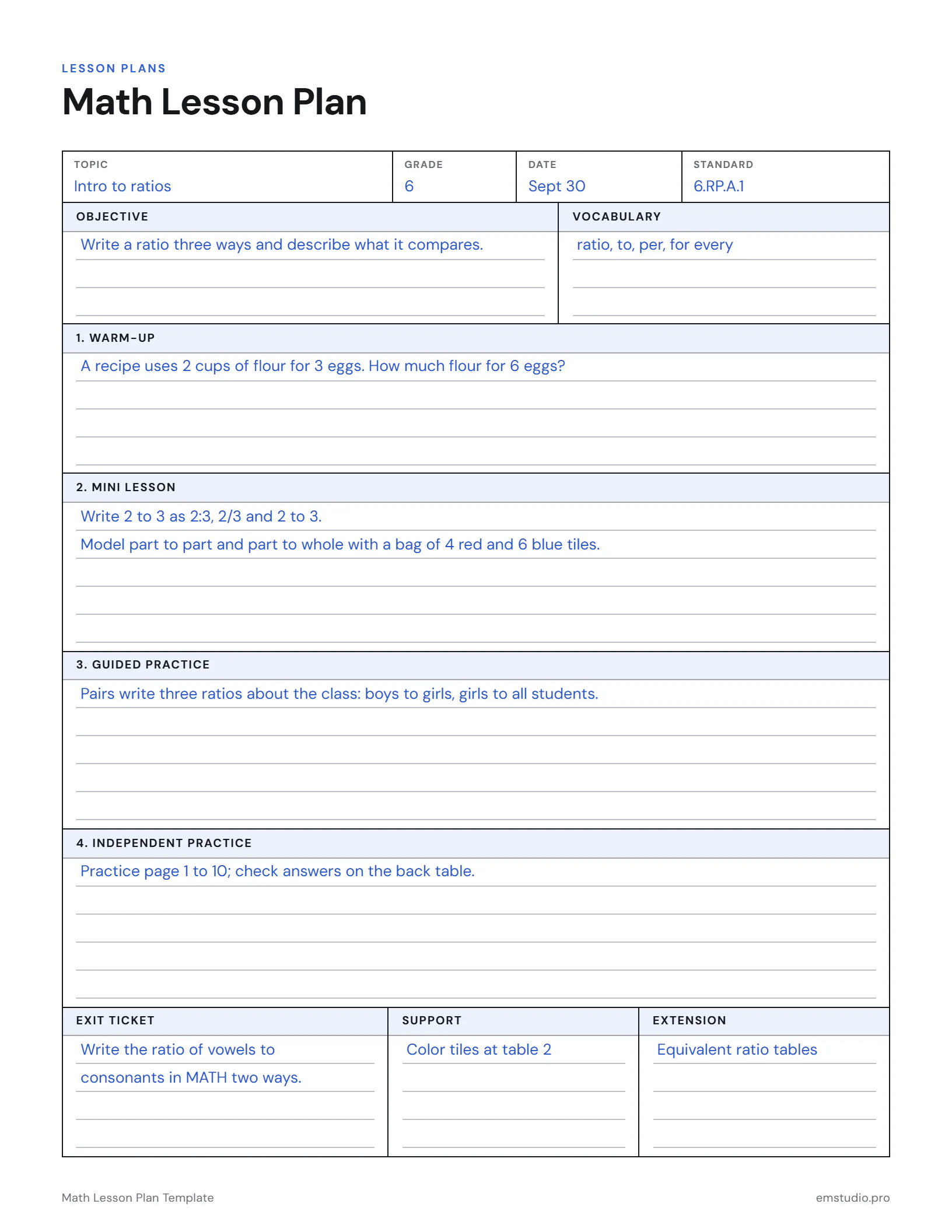 Math lesson plan for a 6th grade lesson on ratios: the objective, vocabulary, warm-up, mini lesson, guided and independent practice, an exit ticket and support and extension ideas.