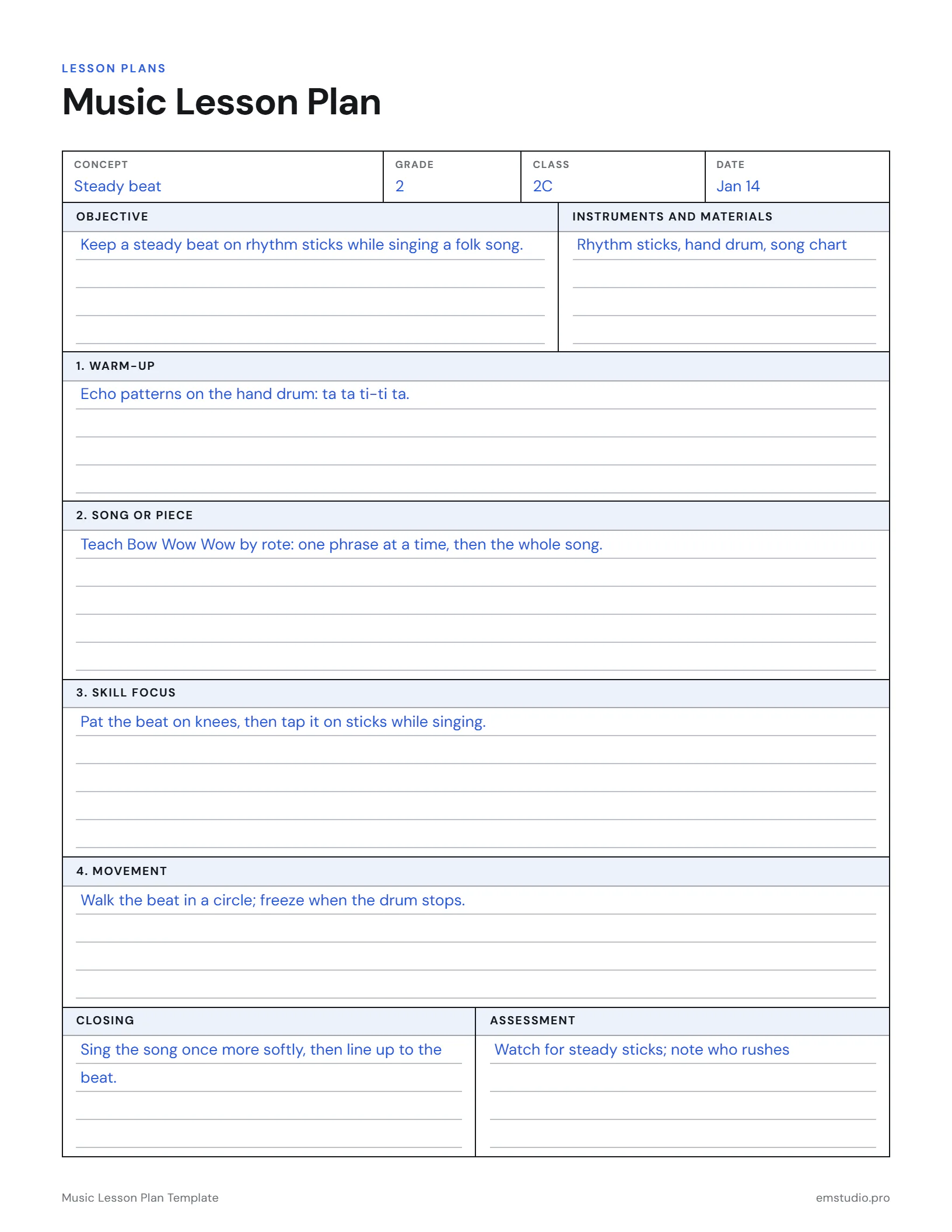 Music lesson plan for a 2nd grade lesson on steady beat and rhythm: the objective, instruments, warm-up, song, skill focus, movement, closing and assessment.