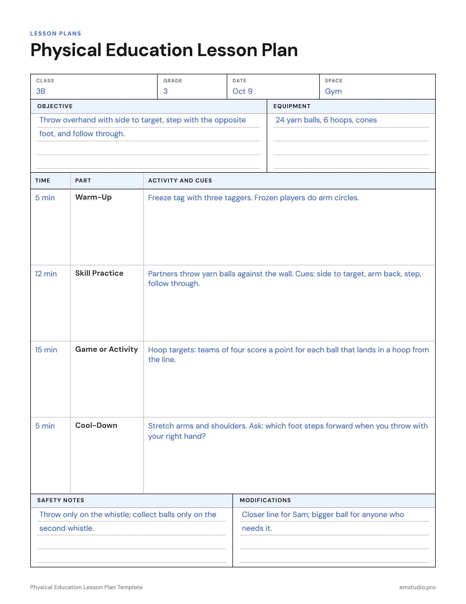 Physical education lesson plan for a 3rd grade class on overhand throwing: objective, equipment, a timed lesson flow from warm-up to cool-down, safety notes and modifications.