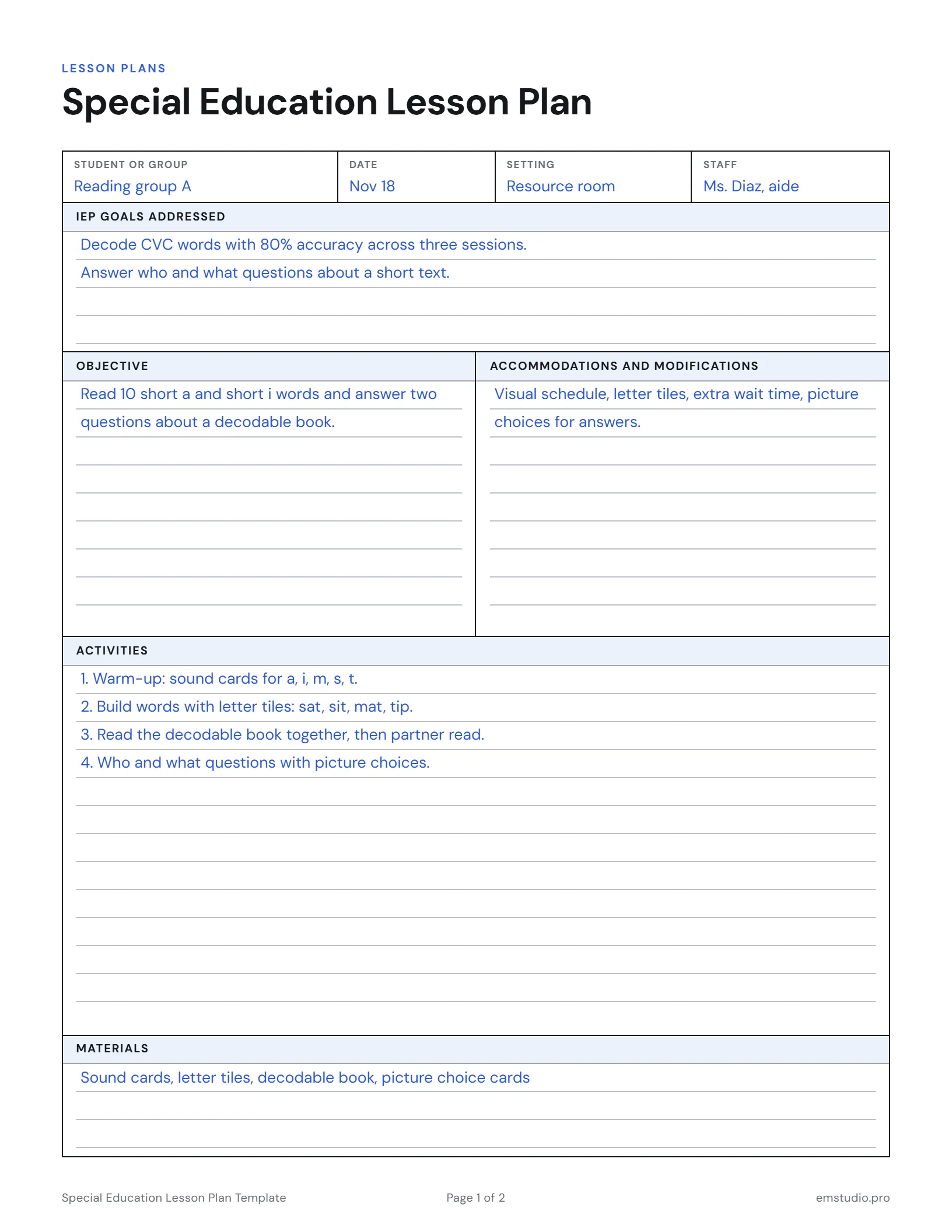 Special education lesson plan for a small reading group: the IEP goals addressed, the objective, accommodations, activities and a data sheet with trials, prompt level and percent correct.