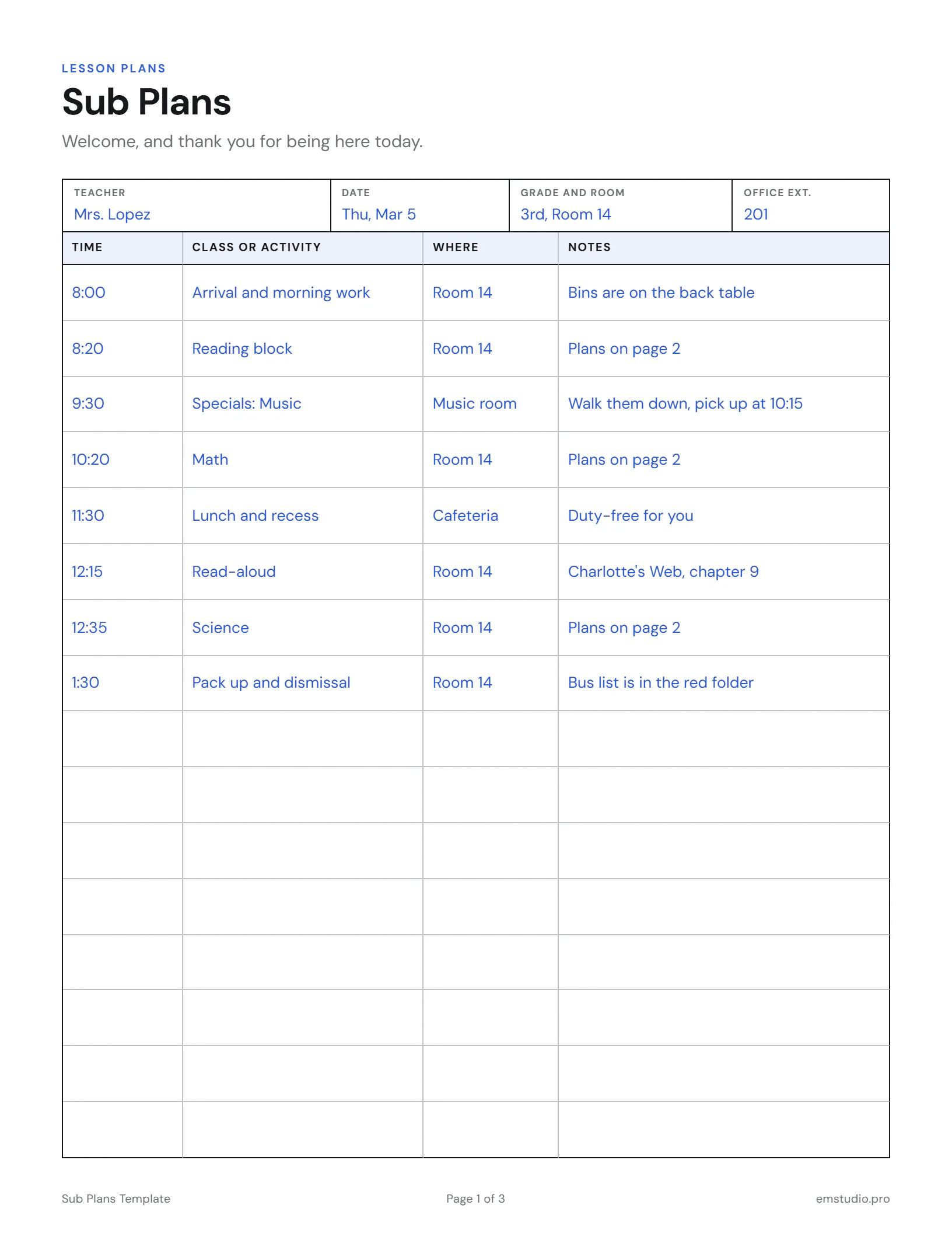 Substitute teacher plans for a 3rd grade class: the day's schedule from arrival to dismissal with times, rooms and notes for each block.