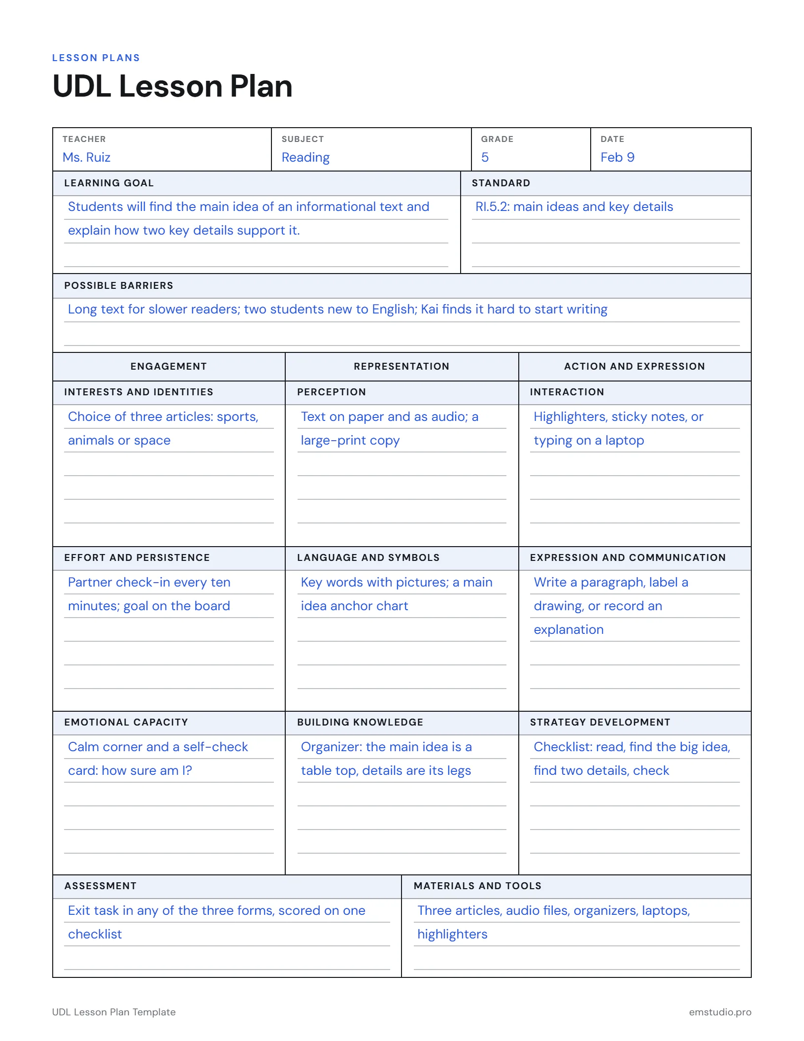 UDL lesson plan for a 5th grade reading lesson on main idea: the goal kept apart from the means, likely barriers, then options for engagement, representation, and action and expression under each of the nine guidelines, with assessment and materials.