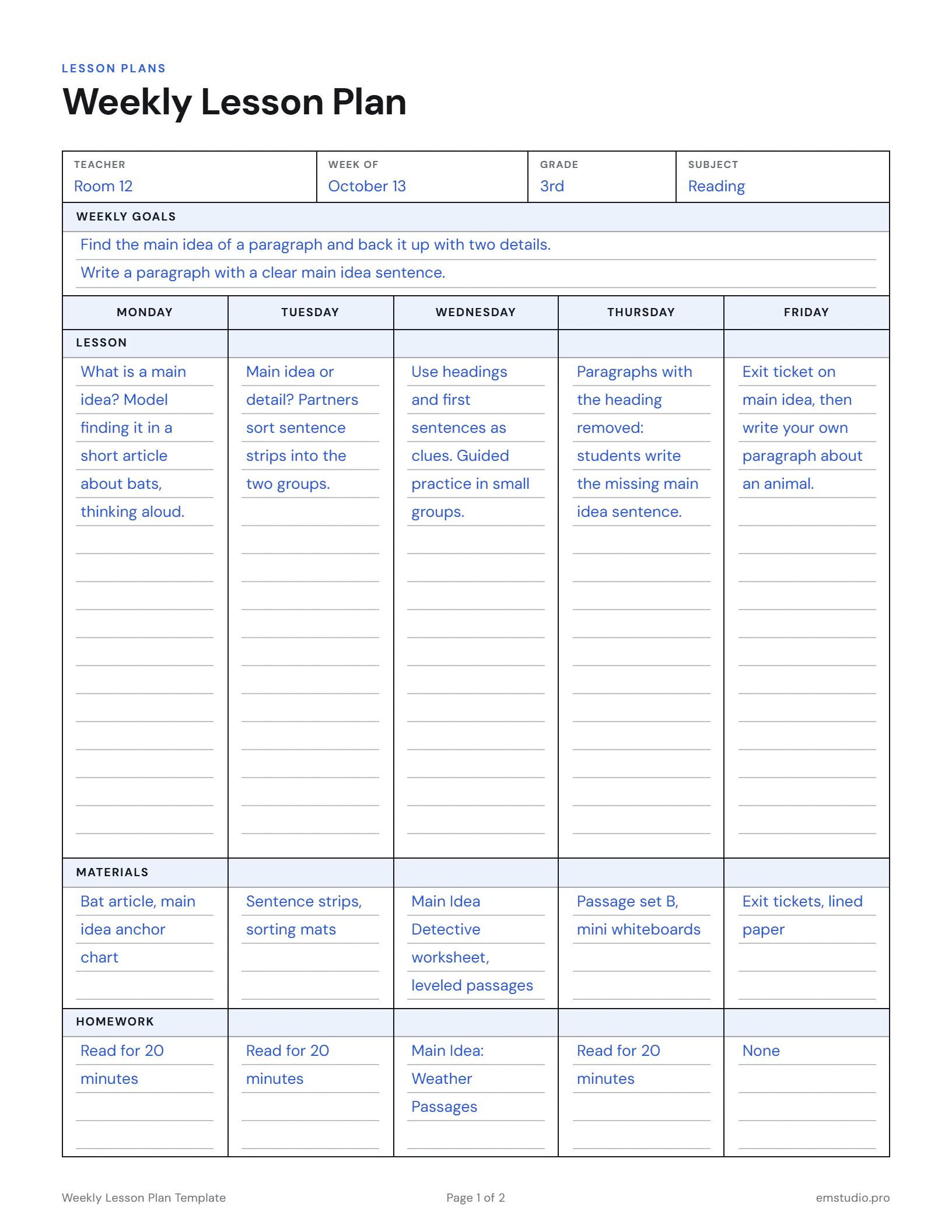Example weekly lesson plan for 3rd grade reading: two goals for the week at the top, then a lesson, materials and homework for each day from Monday to Friday.