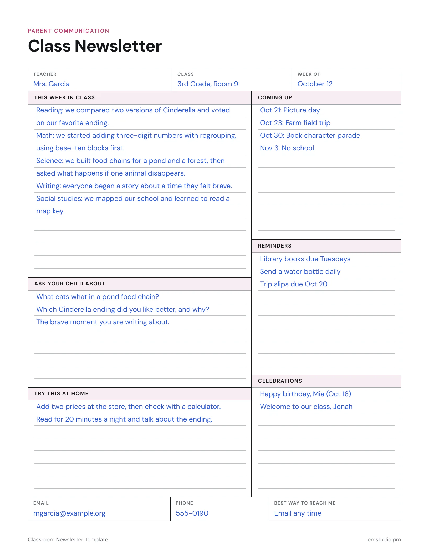 Class newsletter for a 3rd grade class for the week of October 12: what the class learned in reading, math, science and writing, questions to ask your child, ideas to try at home, upcoming dates such as picture day and a farm field trip, reminders and birthdays.