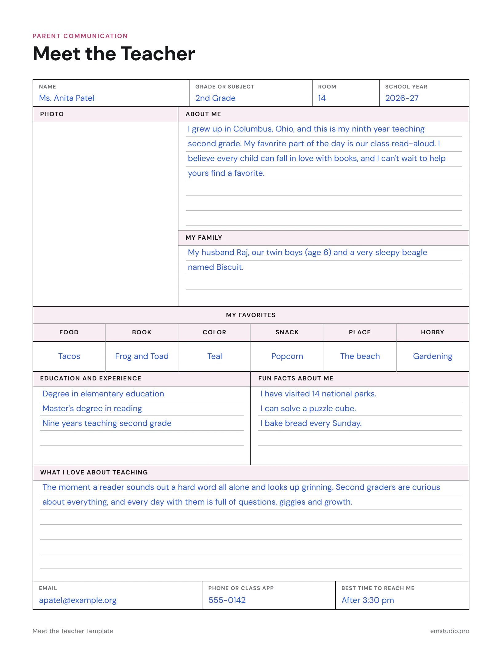 Meet the teacher page for a 2nd grade teacher: a space for a photo beside a short about me, her family and dog, six favorites from tacos to the beach, why she loves teaching and her email, phone and best time to reach her.
