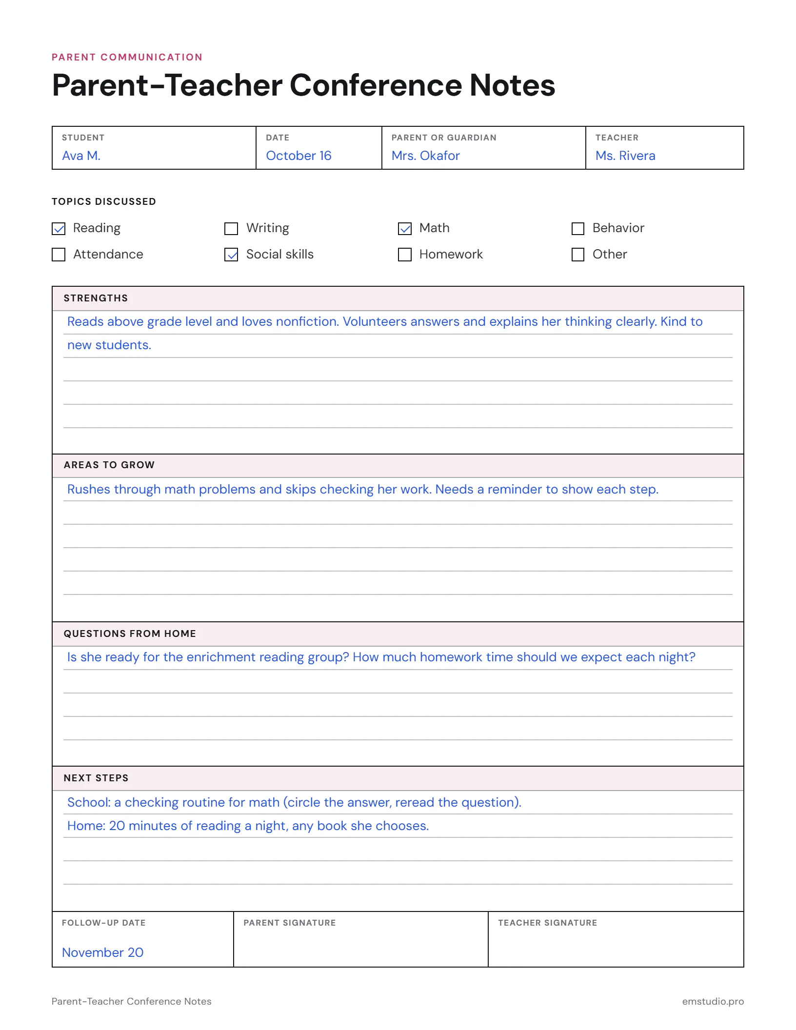 Example parent-teacher conference notes for a 3rd grader: topics discussed ticked off, then strengths, areas to grow, questions from home and next steps written in.