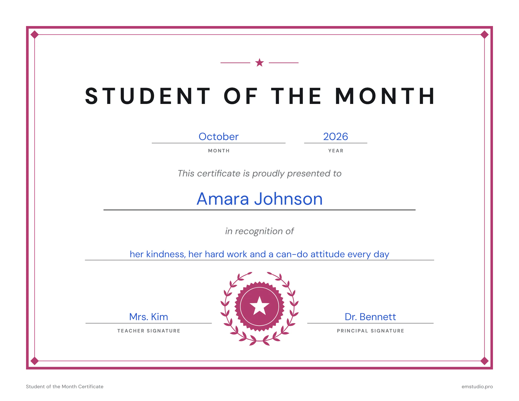 Landscape student of the month certificate for October 2026 with a double border and a laurel seal, presented to Amara Johnson in recognition of her kindness, hard work and can-do attitude, signed by her teacher and the principal.