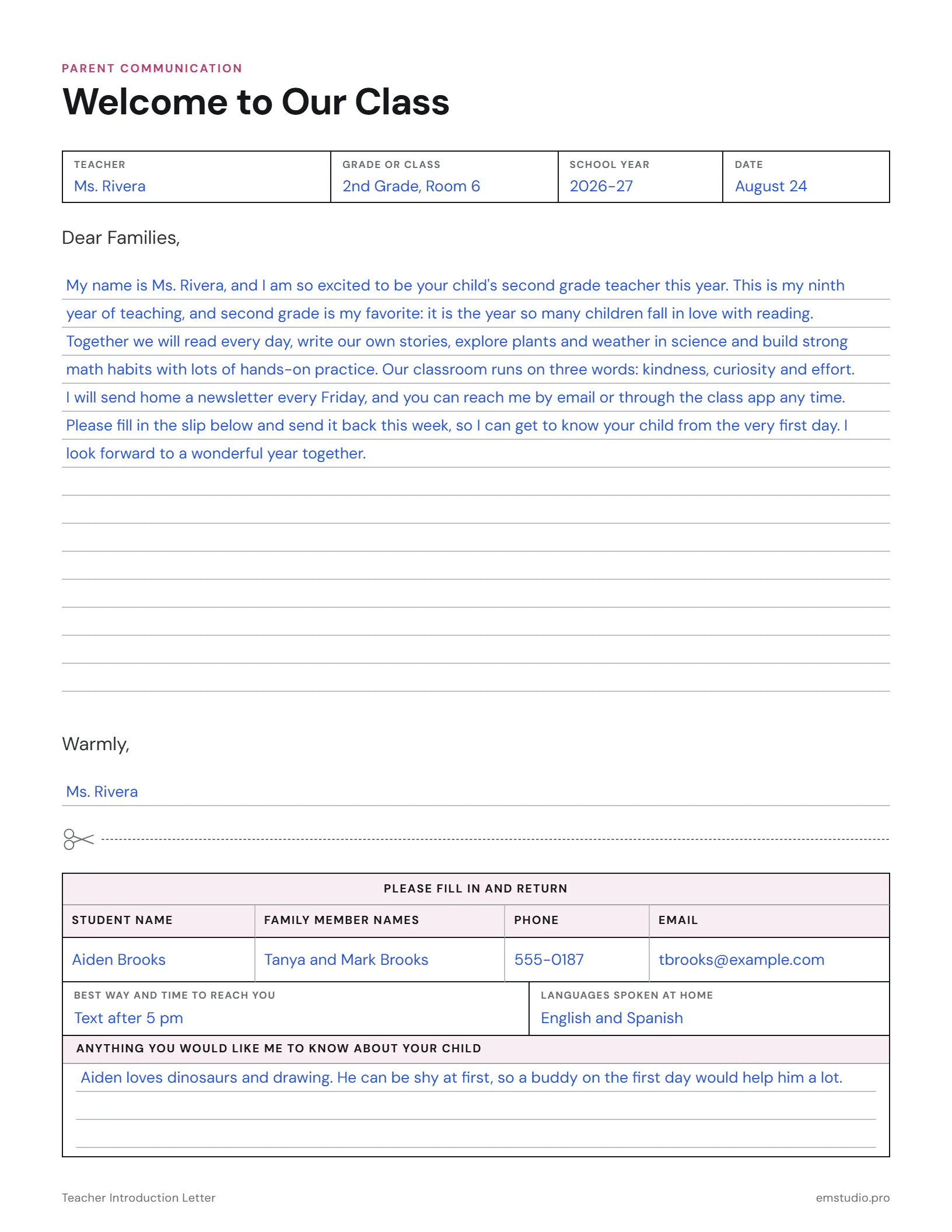 Teacher introduction letter from a 2nd grade teacher to families, written on ruled lines: who she is, what the class will learn this year and how she will keep in touch, signed, with a reply slip at the bottom filled in by a family.