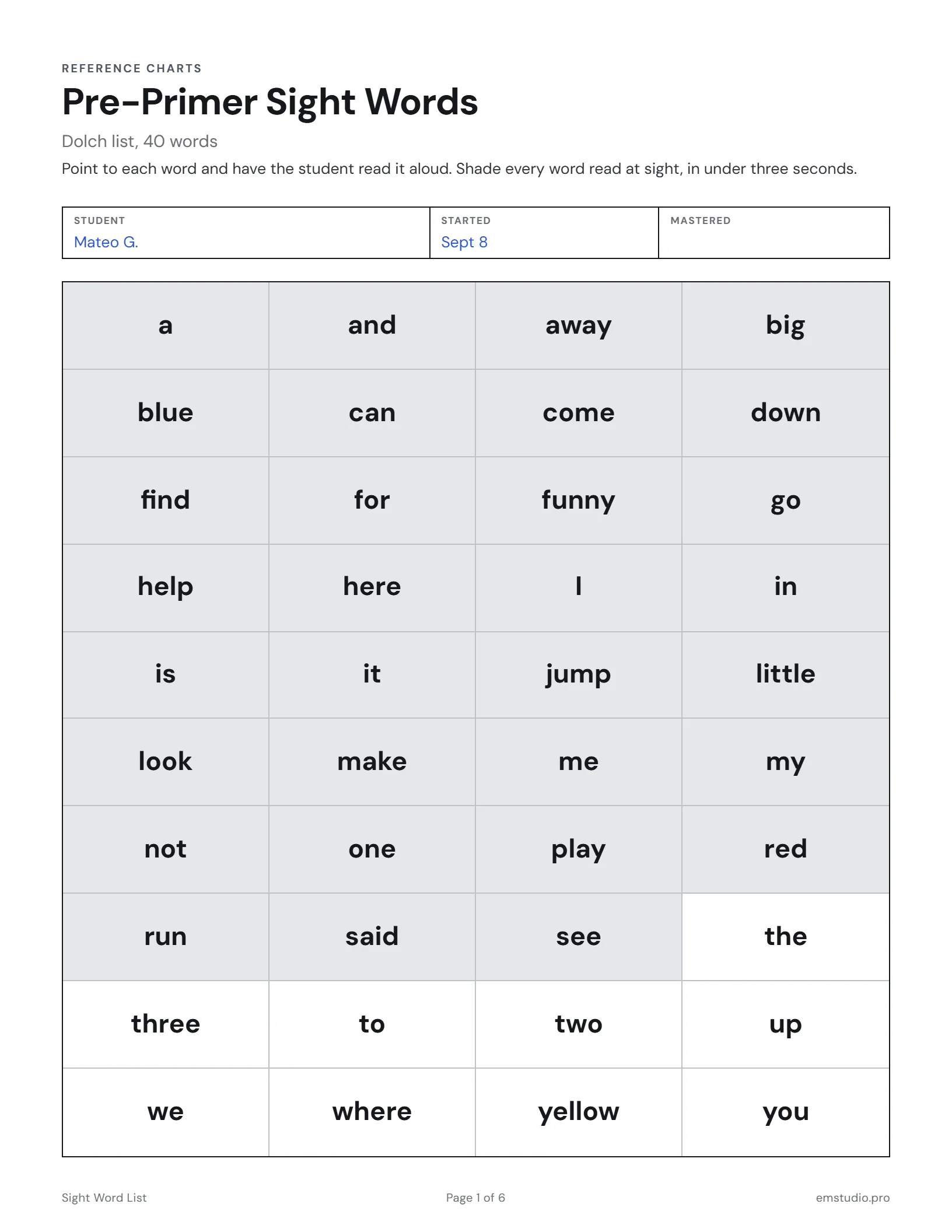 Pre-primer Dolch sight word list in large type, four words to a row, with the words one student already reads at sight shaded.