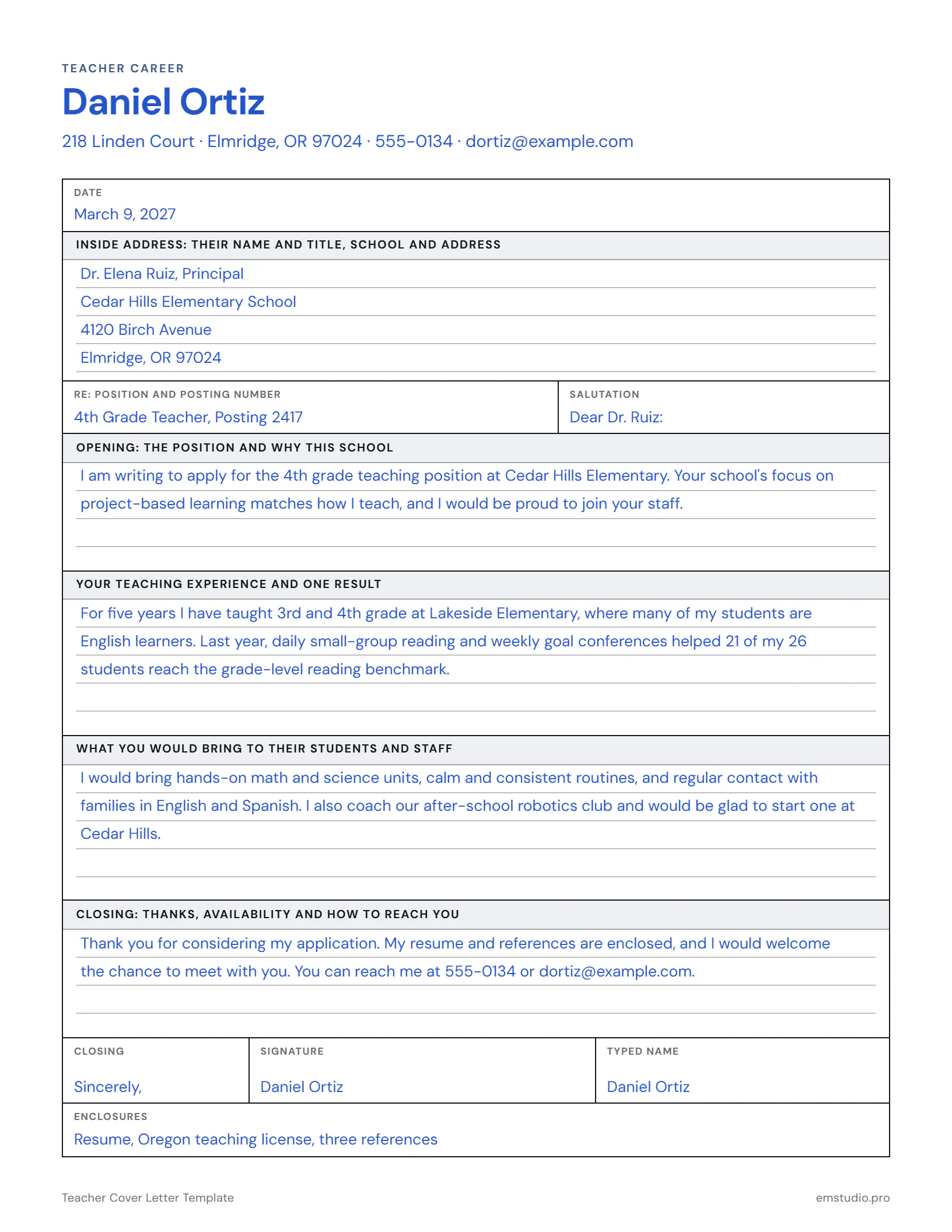 Example teacher cover letter from a 4th grade teacher to an elementary principal: his name and contact line at the top, the date, the principal's school address, the posting in the subject line, four paragraphs on the position, his results, what he would bring and his availability, then Sincerely, his signature and the enclosures.