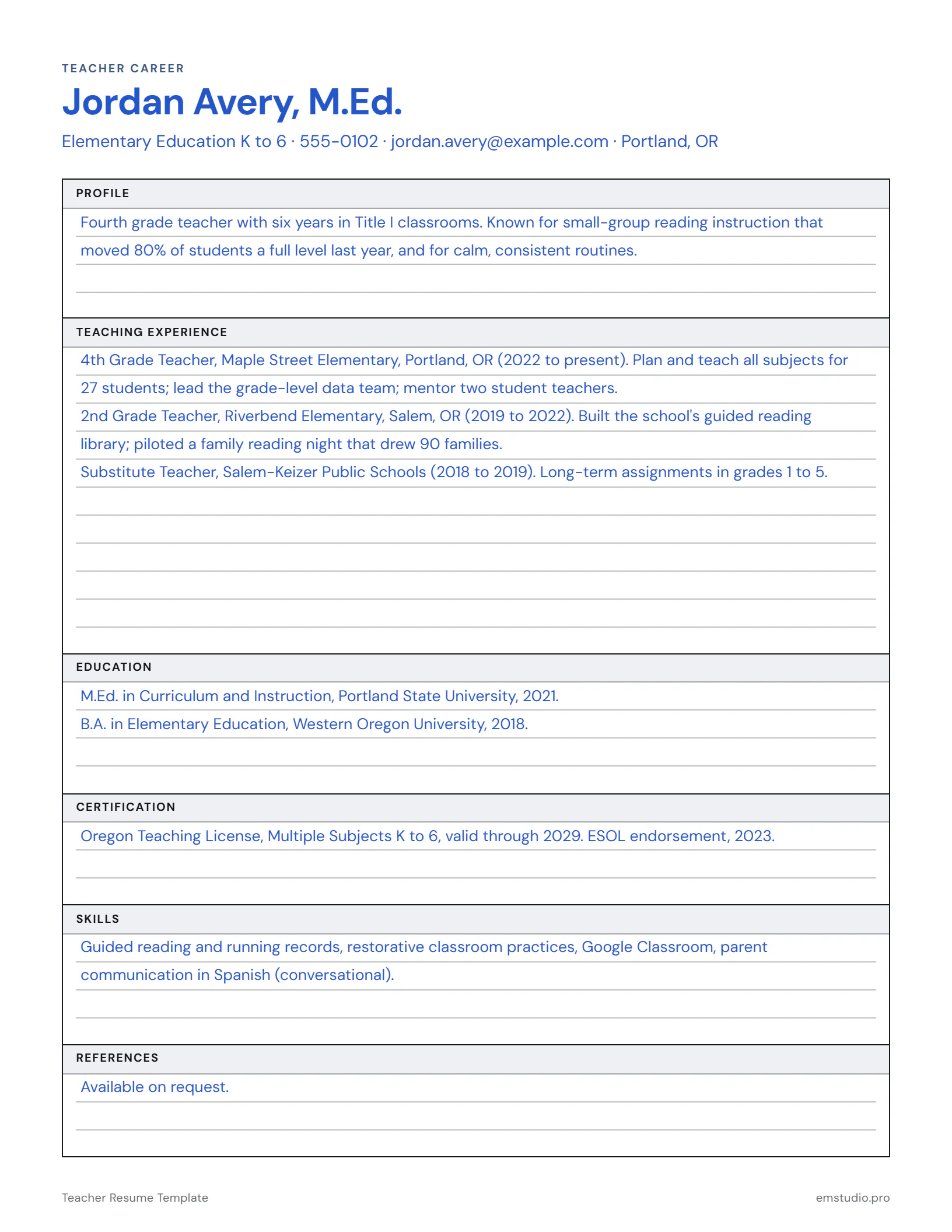 Example teacher resume for an elementary teacher: name and contact line at the top, then profile, teaching experience, education, certification, skills and references.