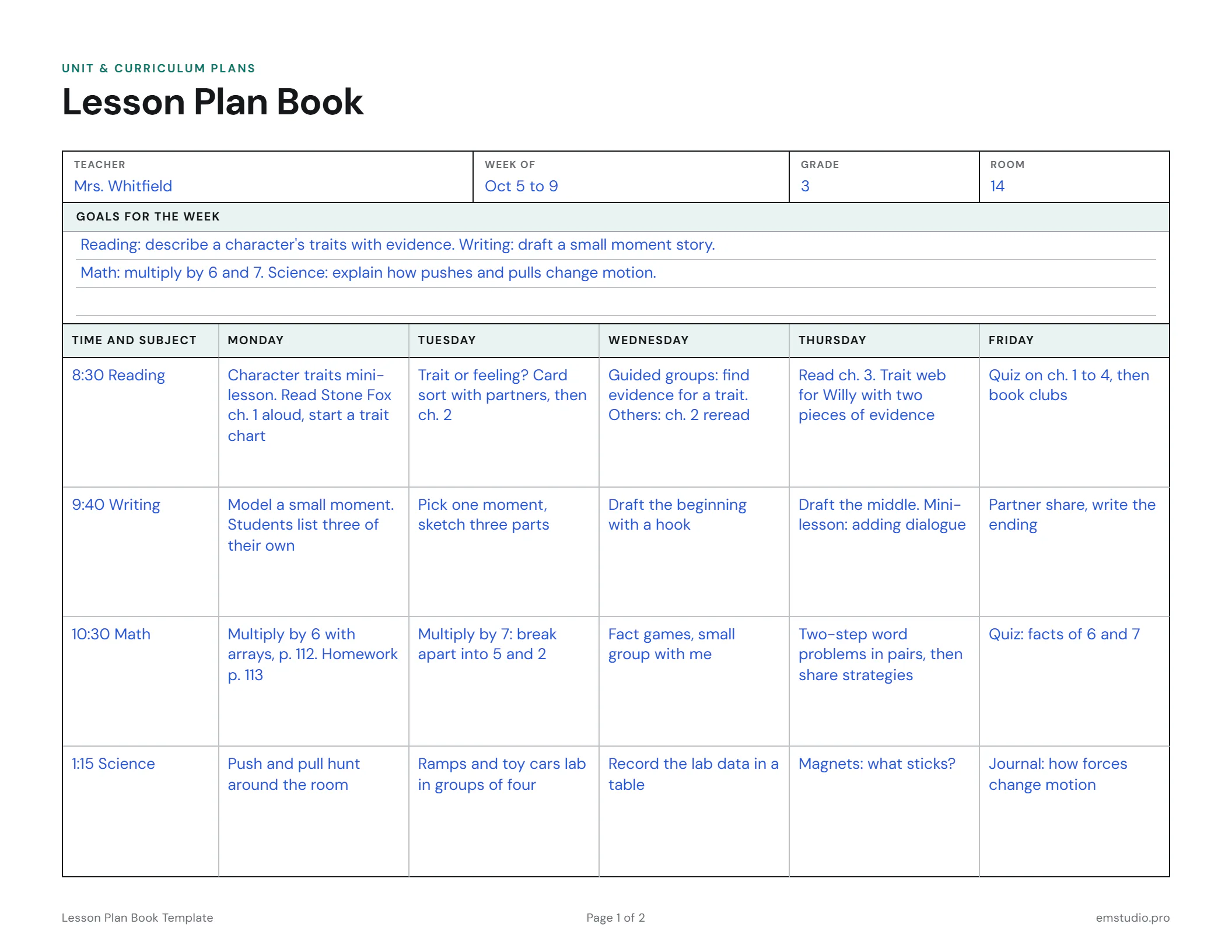 Lesson plan book page for a 3rd grade class, the week of October 5: weekly goals at the top, then reading, writing, math and science planned for each day from Monday to Friday.