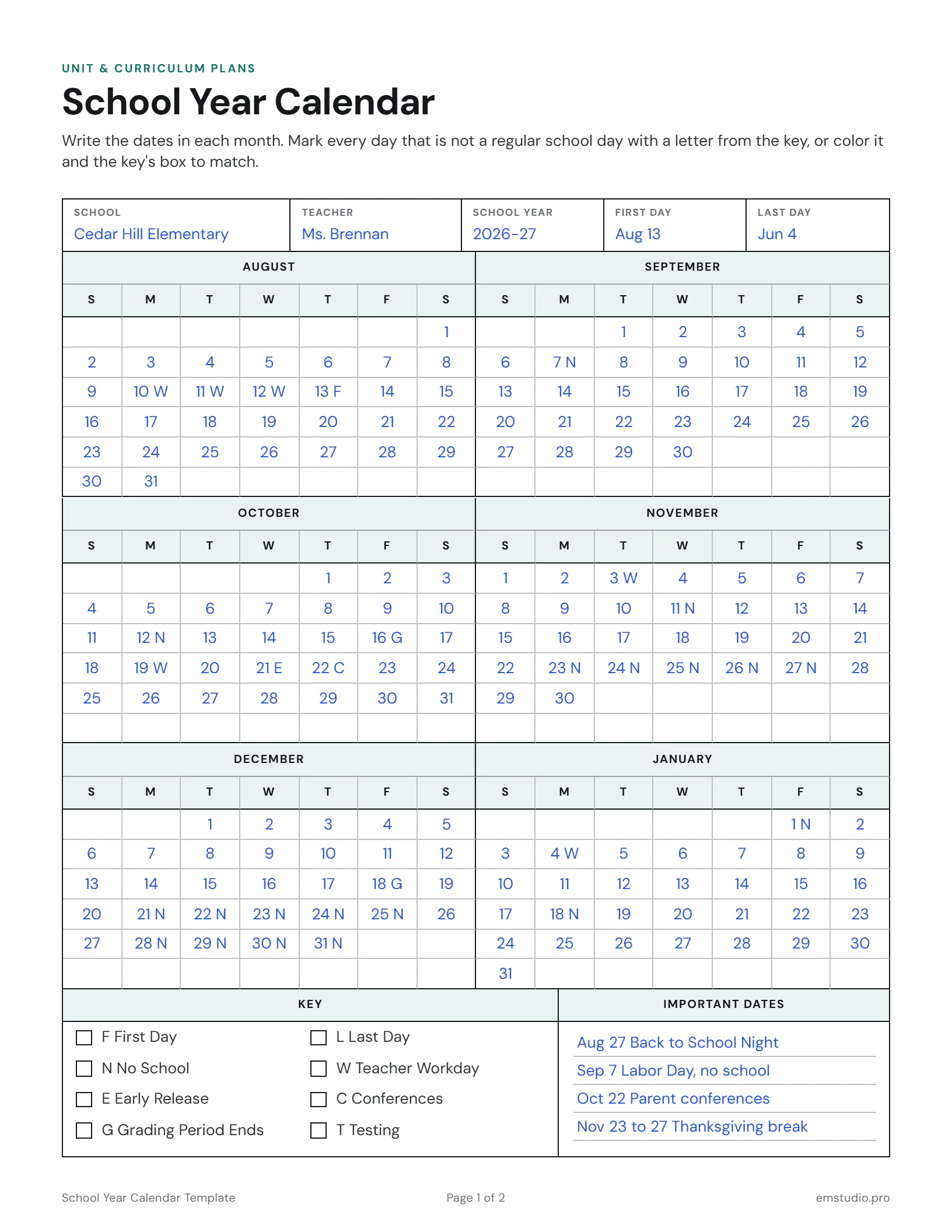 School year calendar filled in for a 2026-27 elementary school year: the dates of August to January written in, the first day, holidays, breaks, teacher workdays, conferences and grading period ends coded, and the important dates listed beside the key.