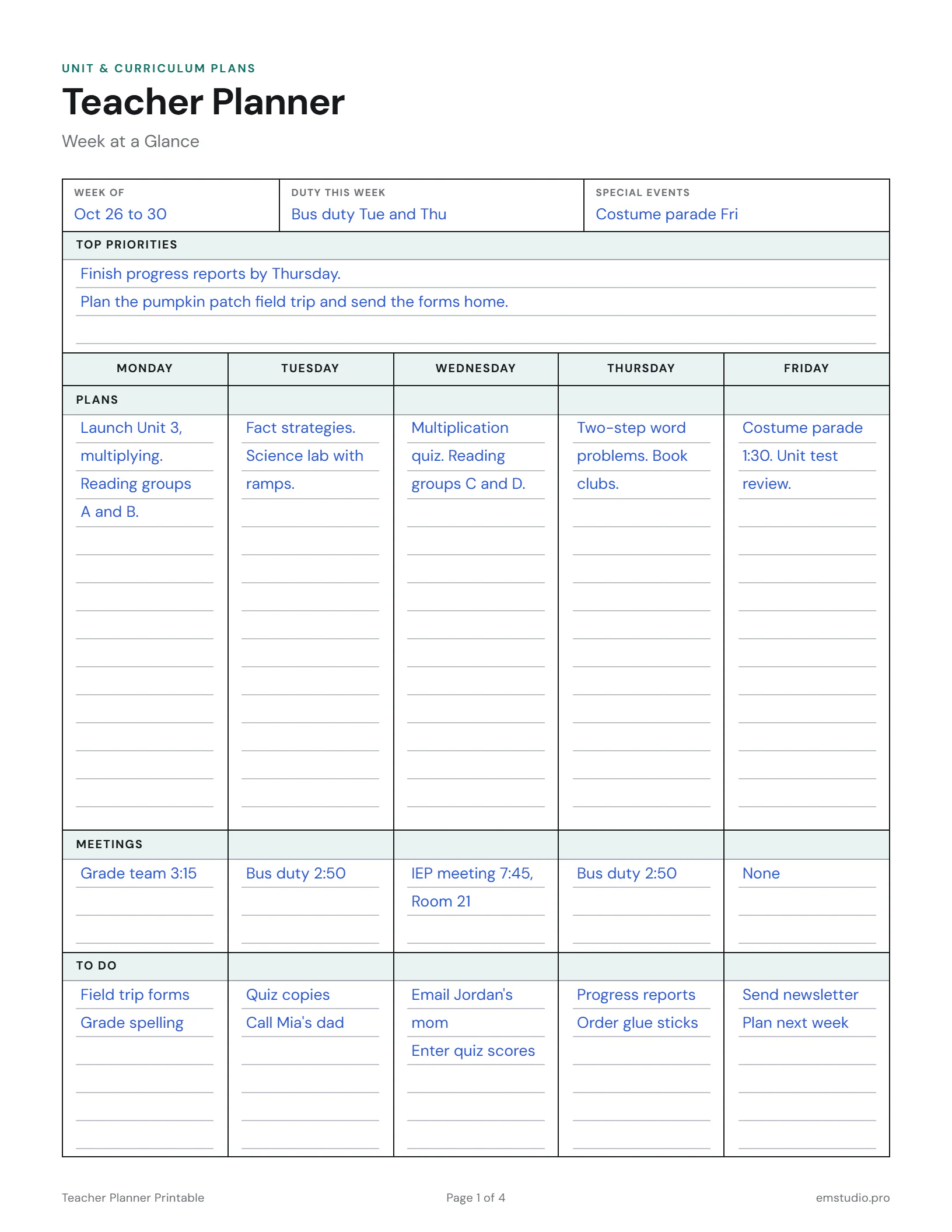 Teacher planner week at a glance for the week of October 26: the week's duty and events, two top priorities, then the plans, meetings and to-do list for each day from Monday to Friday.