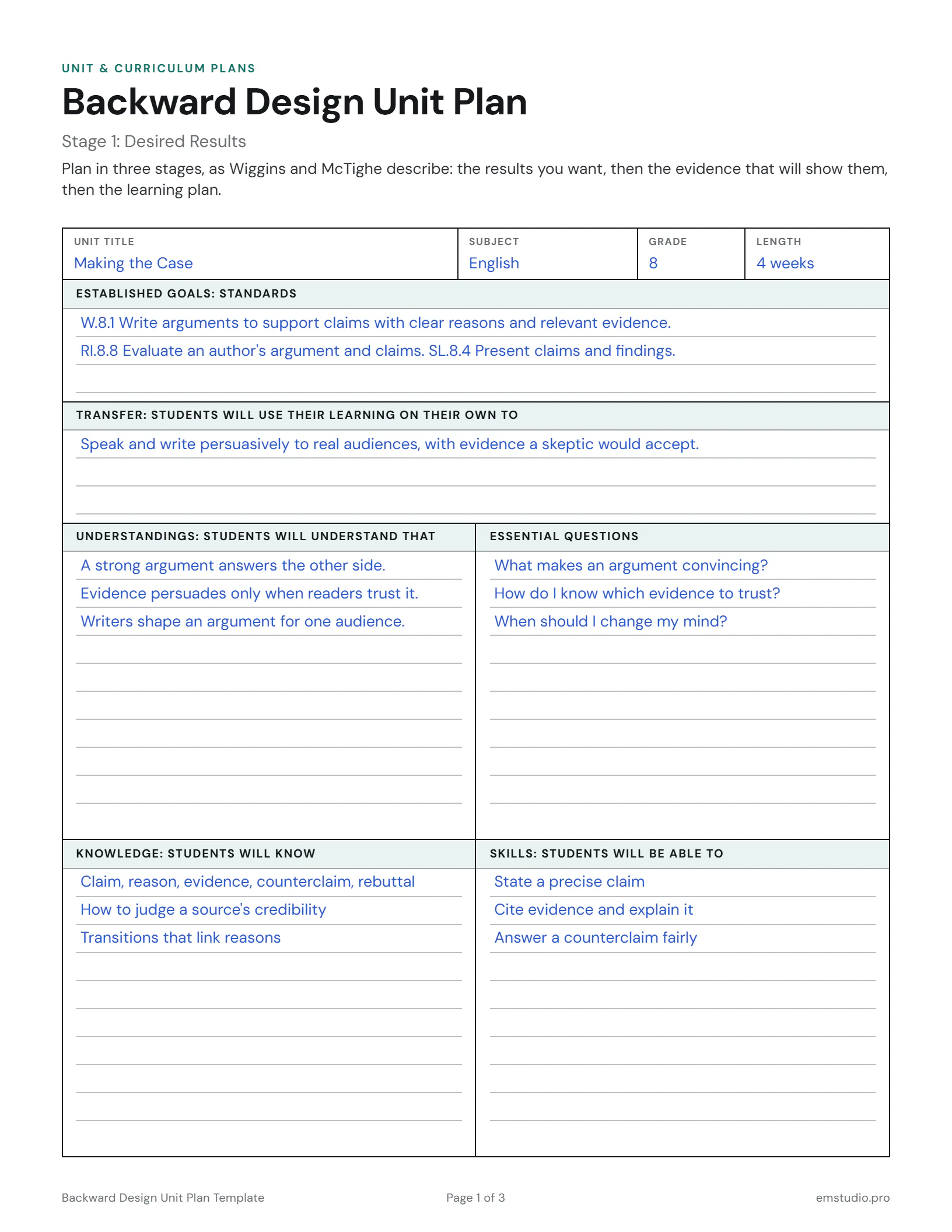 Backward design unit plan, Stage 1, for an 8th grade English unit on argument writing: the Common Core standards, the transfer goal, three understandings, three essential questions, and the knowledge and skills students will gain.