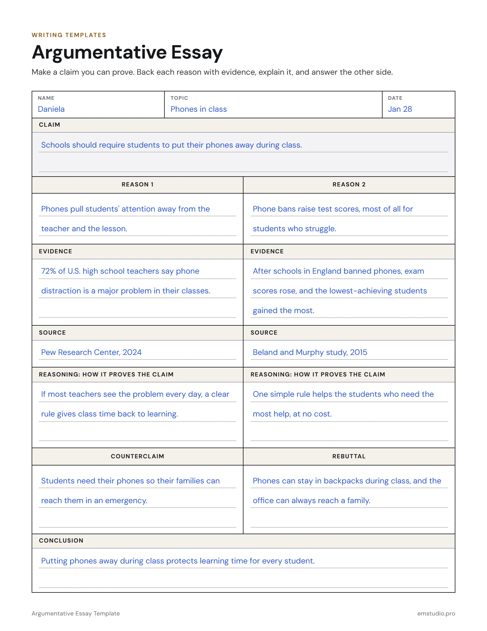 Argumentative essay planner filled in by a 10th grader claiming that phones should be put away during class: two reasons, each with evidence, its source and reasoning, a counterclaim with a rebuttal, and a conclusion.