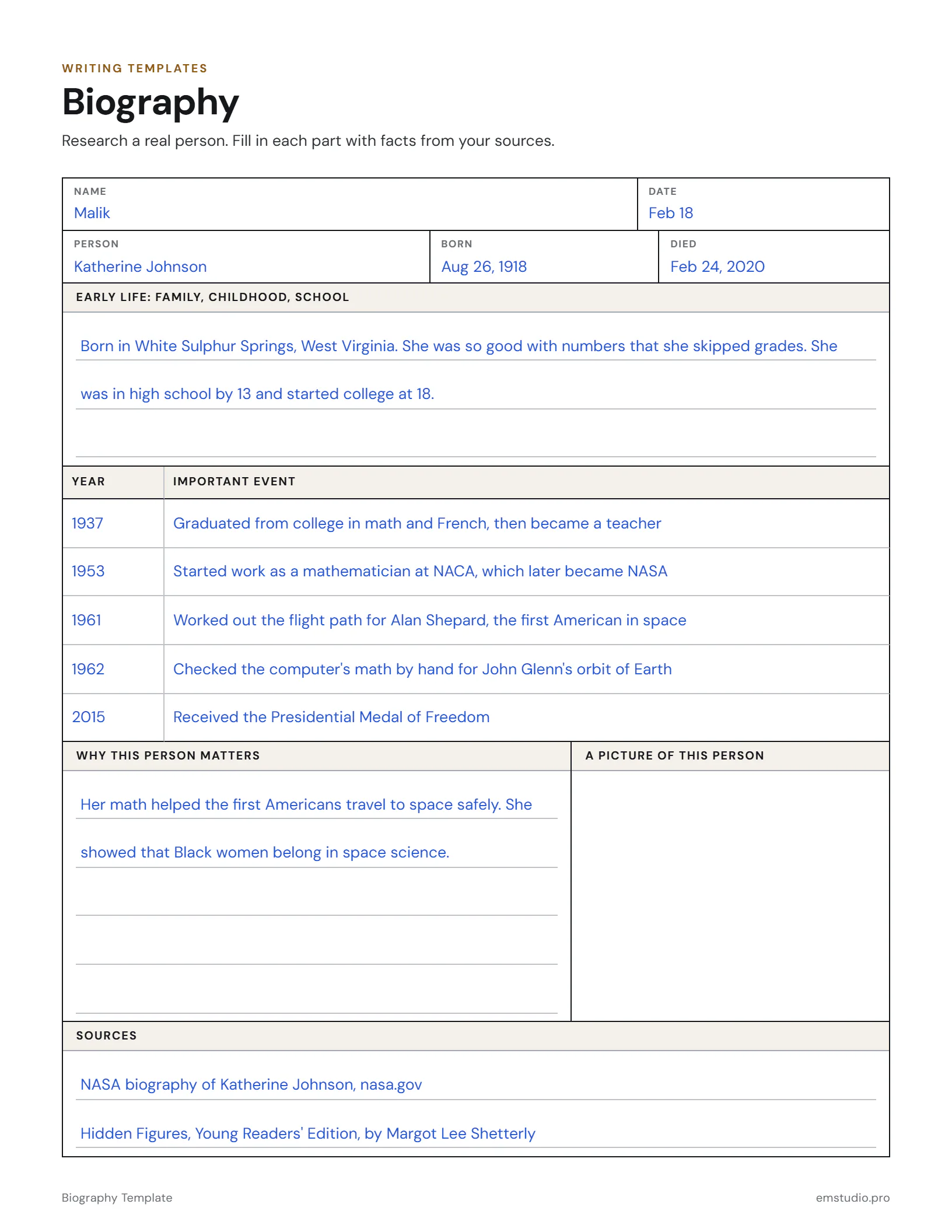 Biography research page on the NASA mathematician Katherine Johnson filled in by a 4th grader: her birth and death dates, early life, a timeline of five important events, and why she matters.