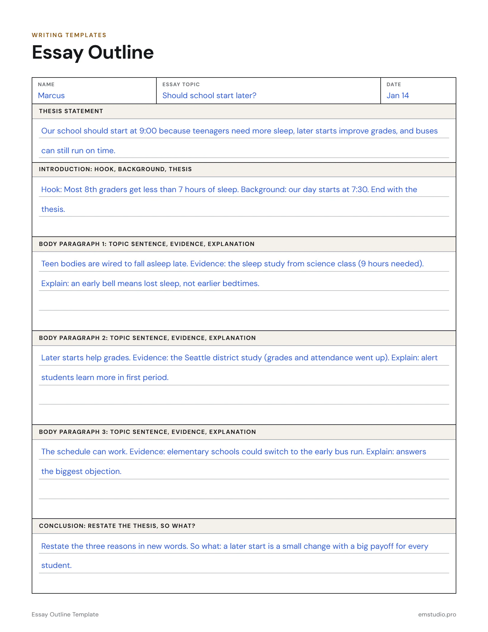 Example essay outline filled in by an 8th grader arguing that school should start later: thesis, introduction, three body paragraphs with evidence, and a conclusion.