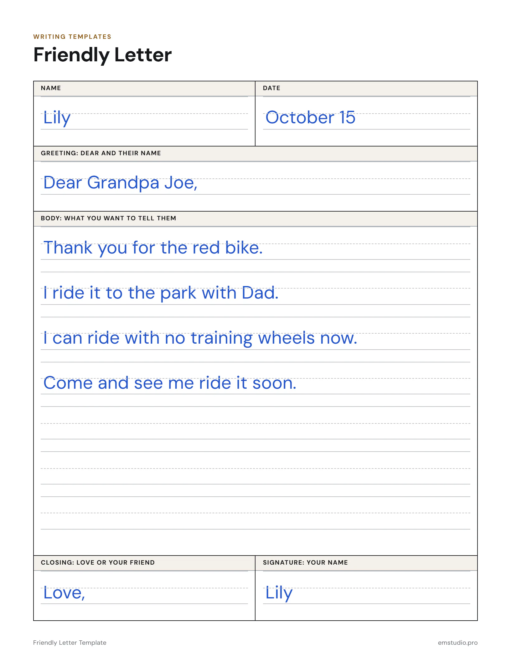 Friendly letter written by a 1st grader named Lily to her grandpa, thanking him for a red bike: the date at the top, Dear Grandpa Joe, four short sentences in the body, and Love, Lily at the bottom.