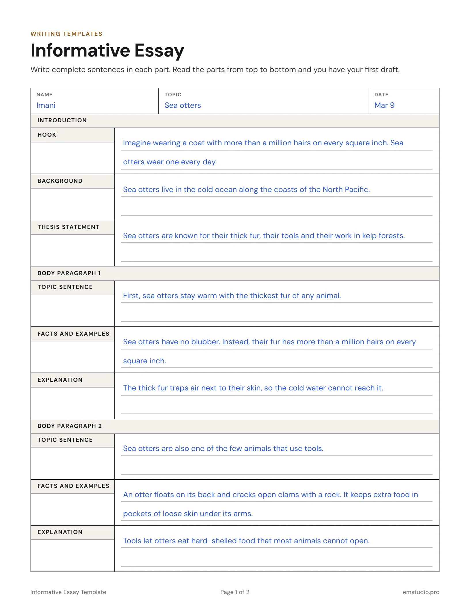 Informative essay template filled in by a 5th grader writing about sea otters: a hook, background and thesis for the introduction, then a topic sentence, facts and an explanation for each body paragraph.