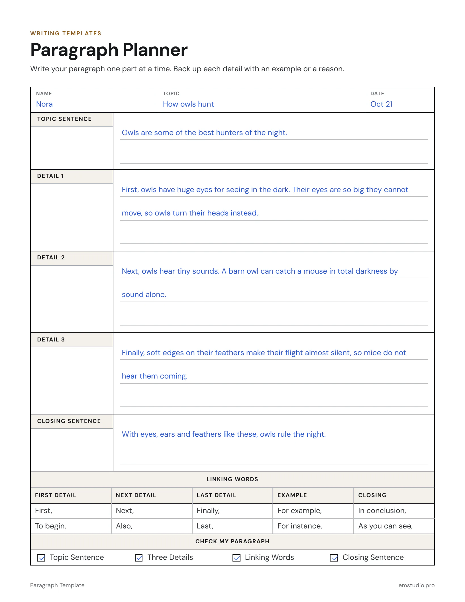 Paragraph template filled in by a 4th grader writing about owls: a topic sentence, three details each backed up with an example, and a closing sentence.