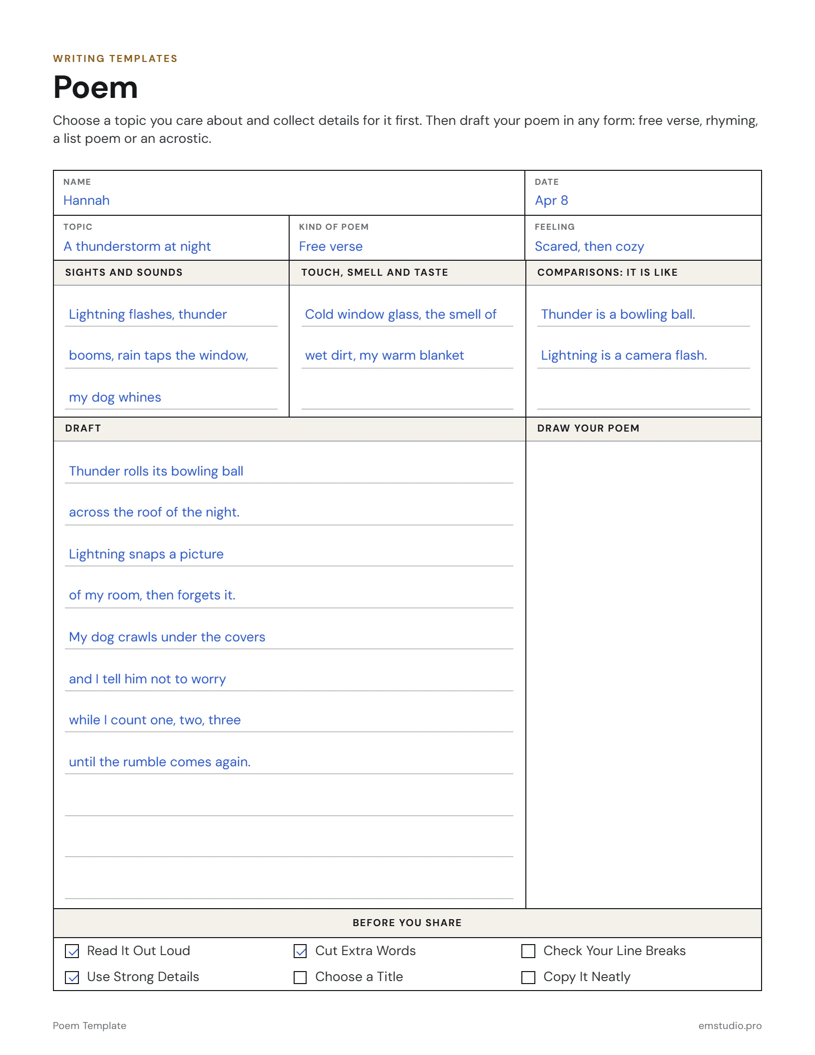 Poem planner filled in by a 4th grader writing a free verse poem about a thunderstorm at night: sense details and comparisons in the brainstorm, then an eight-line draft and a revision checklist.