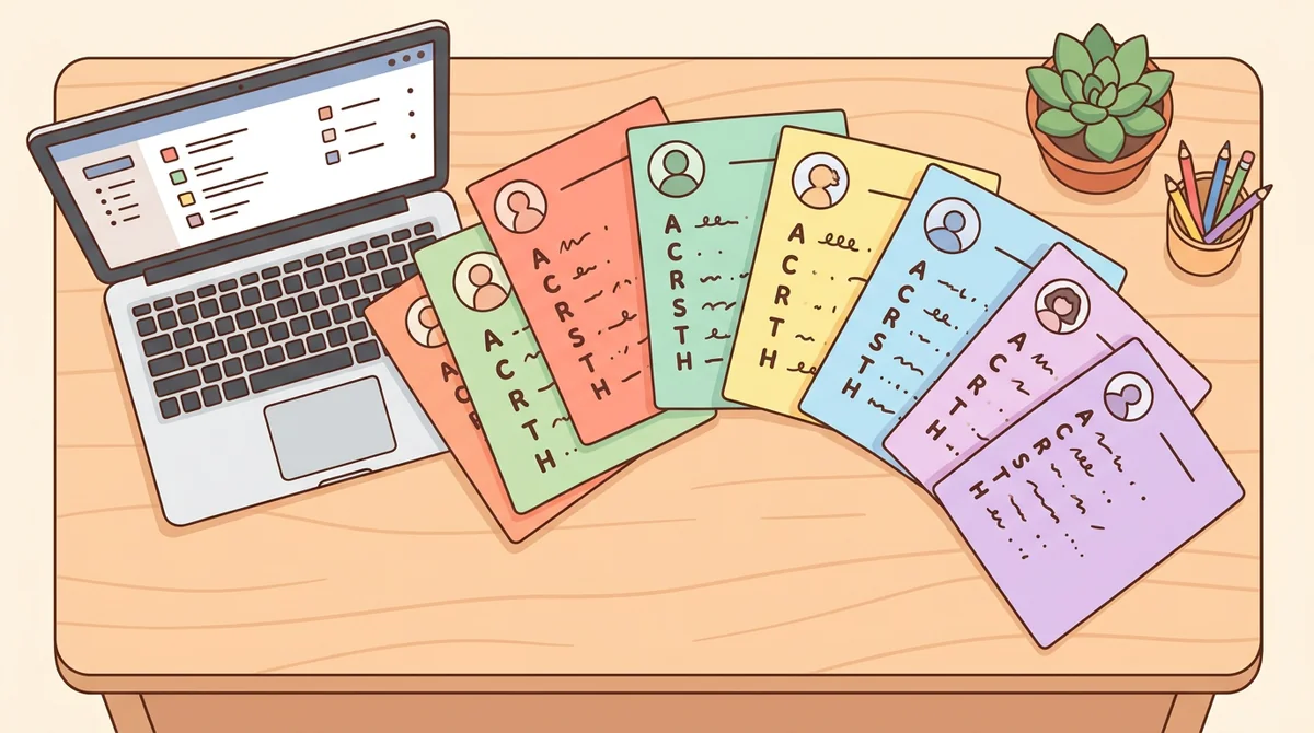 A stack of acrostic pages fanned out, each headed by a different name down the side