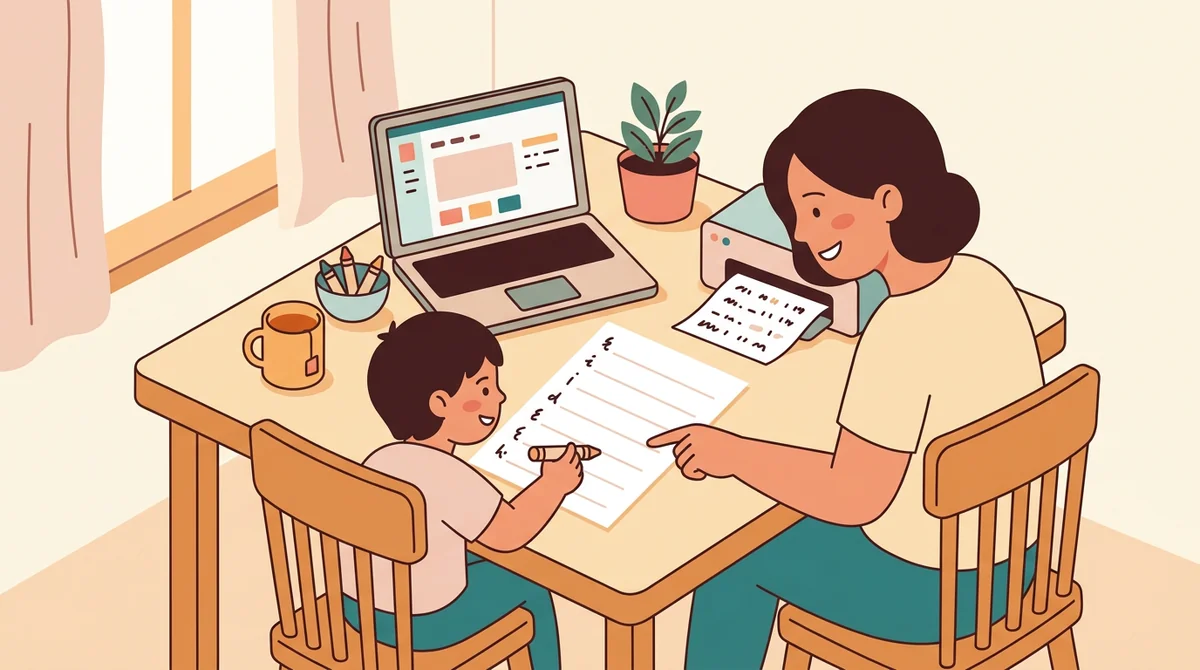 A parent and a child at a kitchen table with a laptop and a printed acrostic page being written on with a pencil