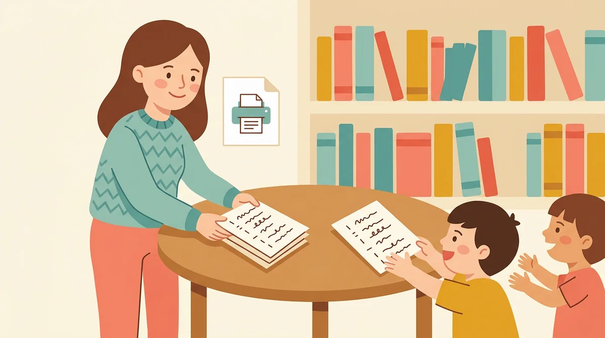 A librarian setting a stack of acrostic poem pages and pencils on a library table beside a shelf of picture books