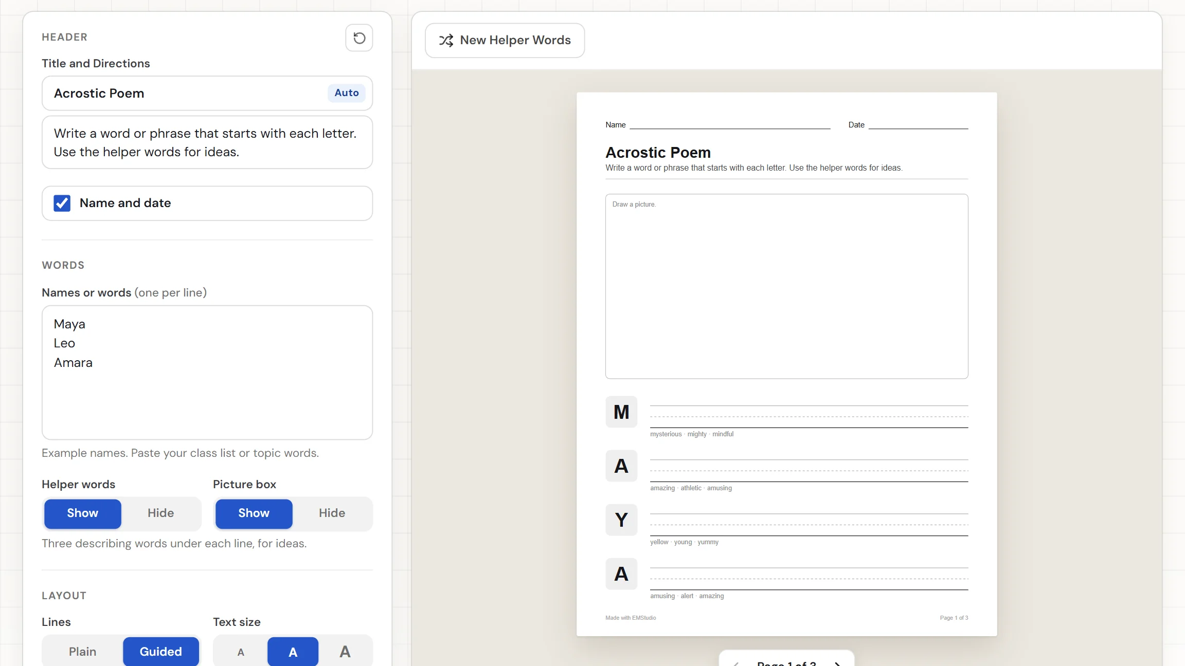 The EMStudio acrostic poem generator showing a finished page for the name Maya, with the names box and settings on the left and the lettered boxes and writing lines on the page