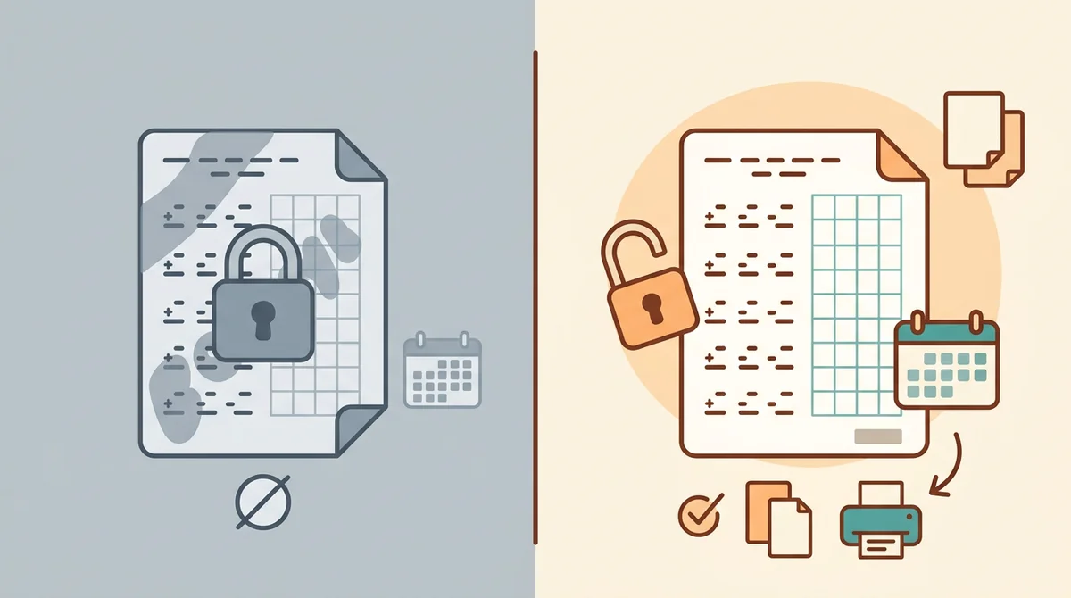 A printed addition worksheet with an answer key beside it, an unlocked padlock, and a crossed-out price tag