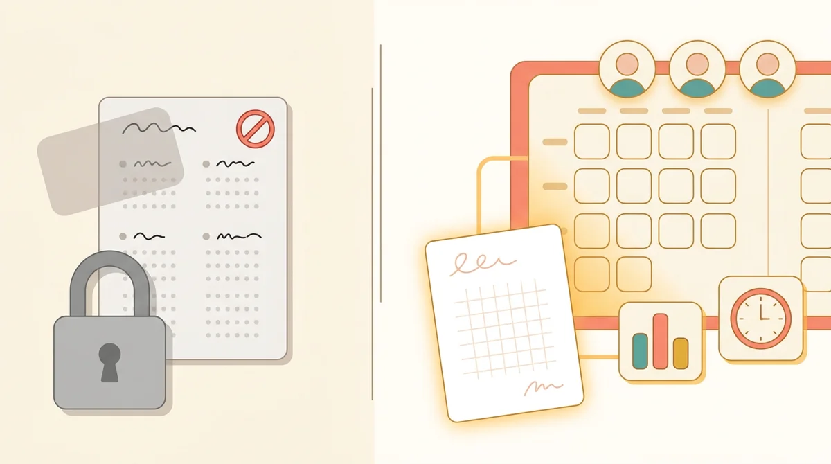 A tablet showing a teacher planner with tiles for lessons, students, grades, and attendance