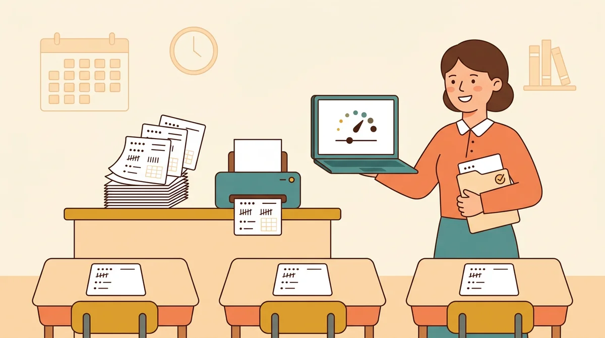 A teacher handing out printed addition sheets to a row of students at their desks