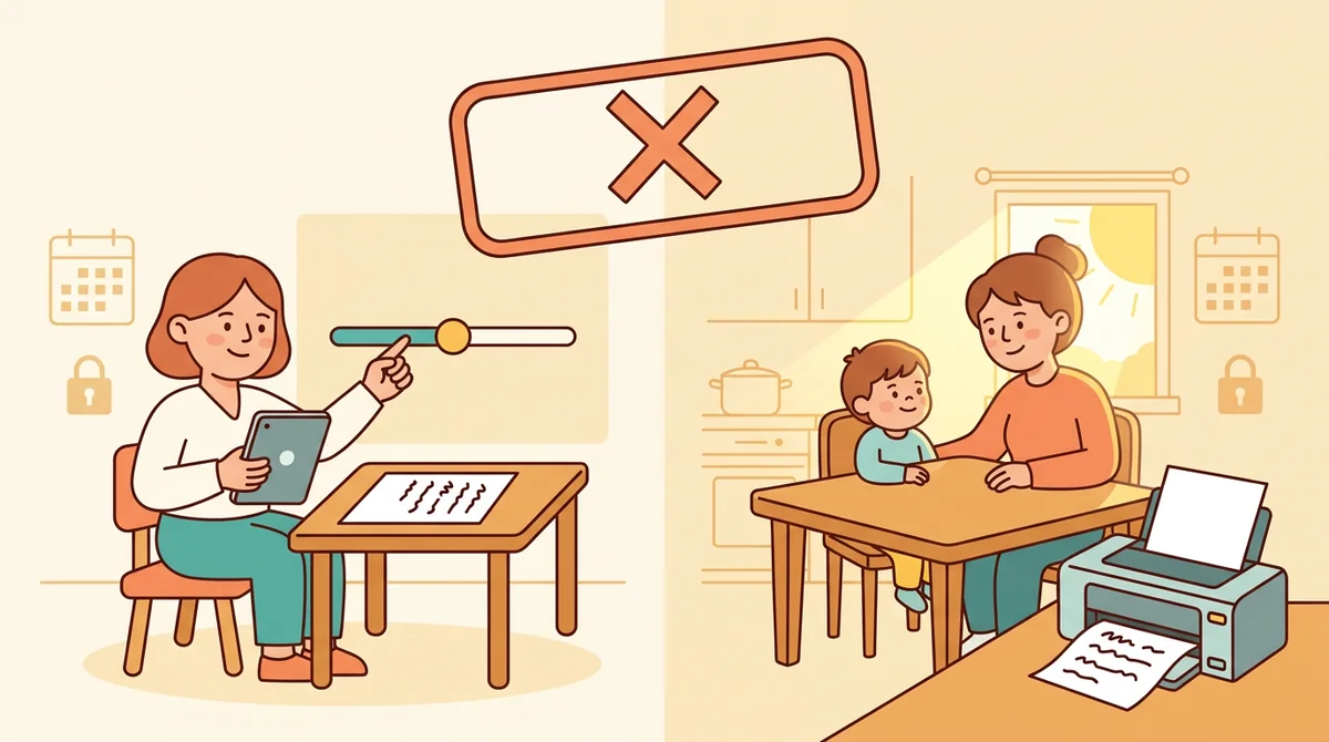 A parent and a child at a kitchen table with a laptop and a printed addition sheet being solved with a pencil