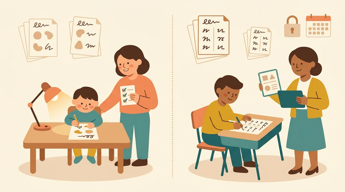 A student at a kitchen table solving a printed sheet of addition problems with a pencil