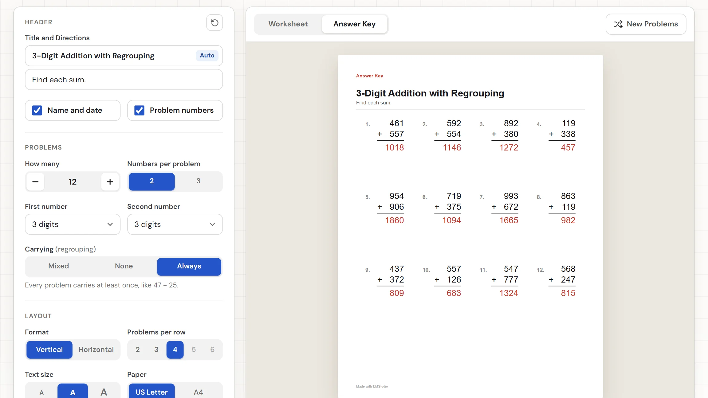 The EMStudio addition worksheet generator showing a finished sheet of two-digit sums with the digit and carrying settings on the left and the Worksheet and Answer Key tabs above the paper
